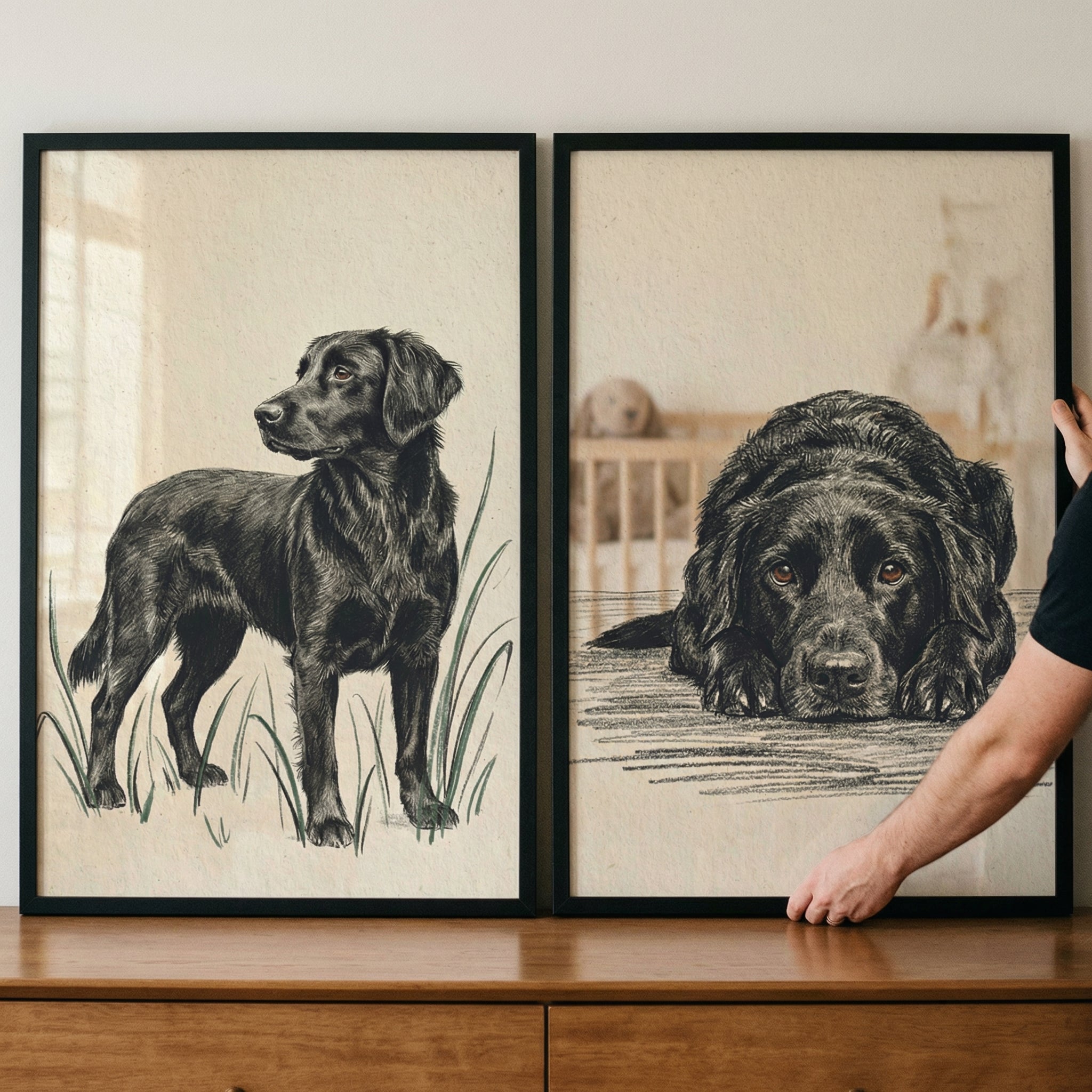 Charcoal Sketch Black Retriever Wall Art Set of 2 - Faithful Black Dog