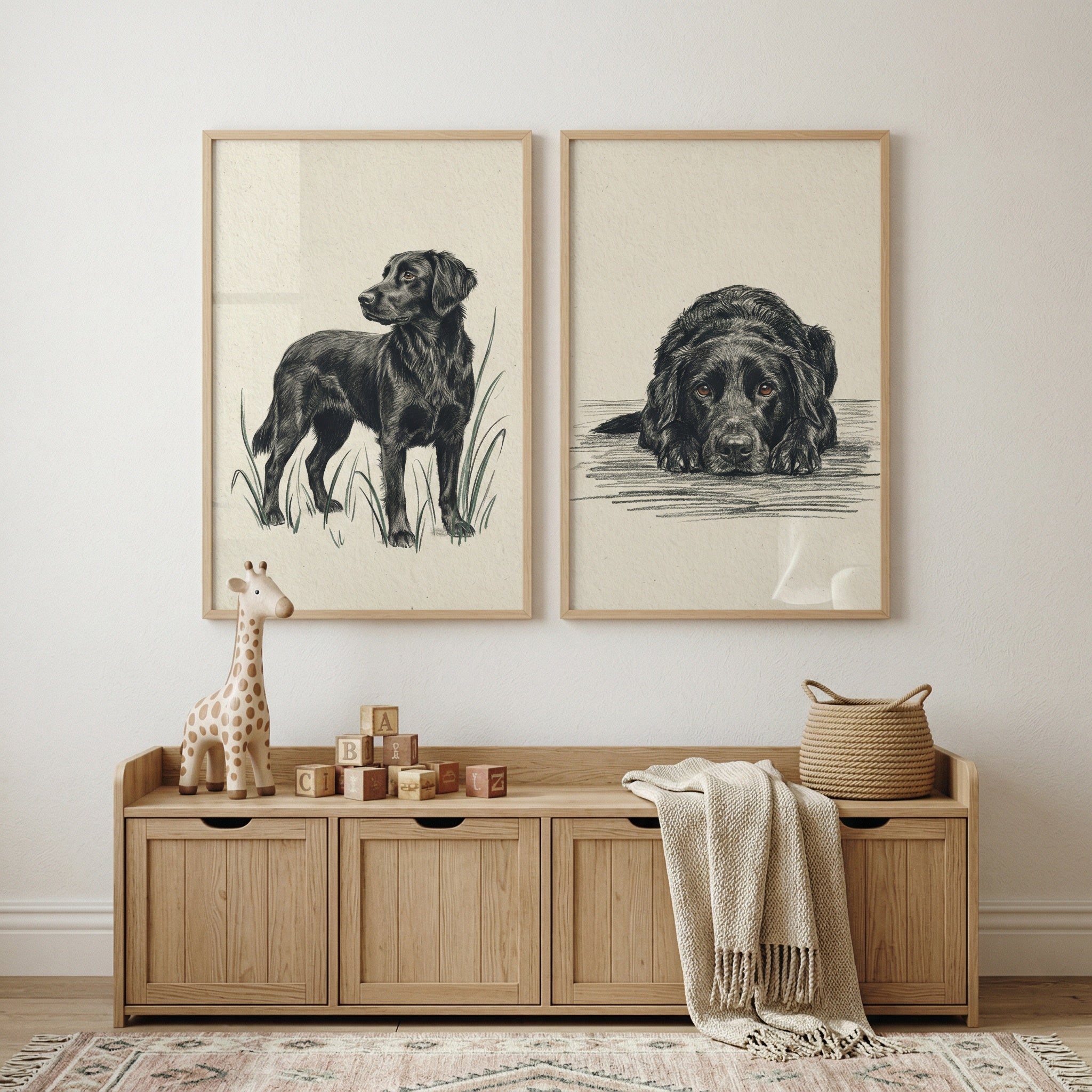 Charcoal Sketch Black Retriever Wall Art Set of 2 - Faithful Black Dog