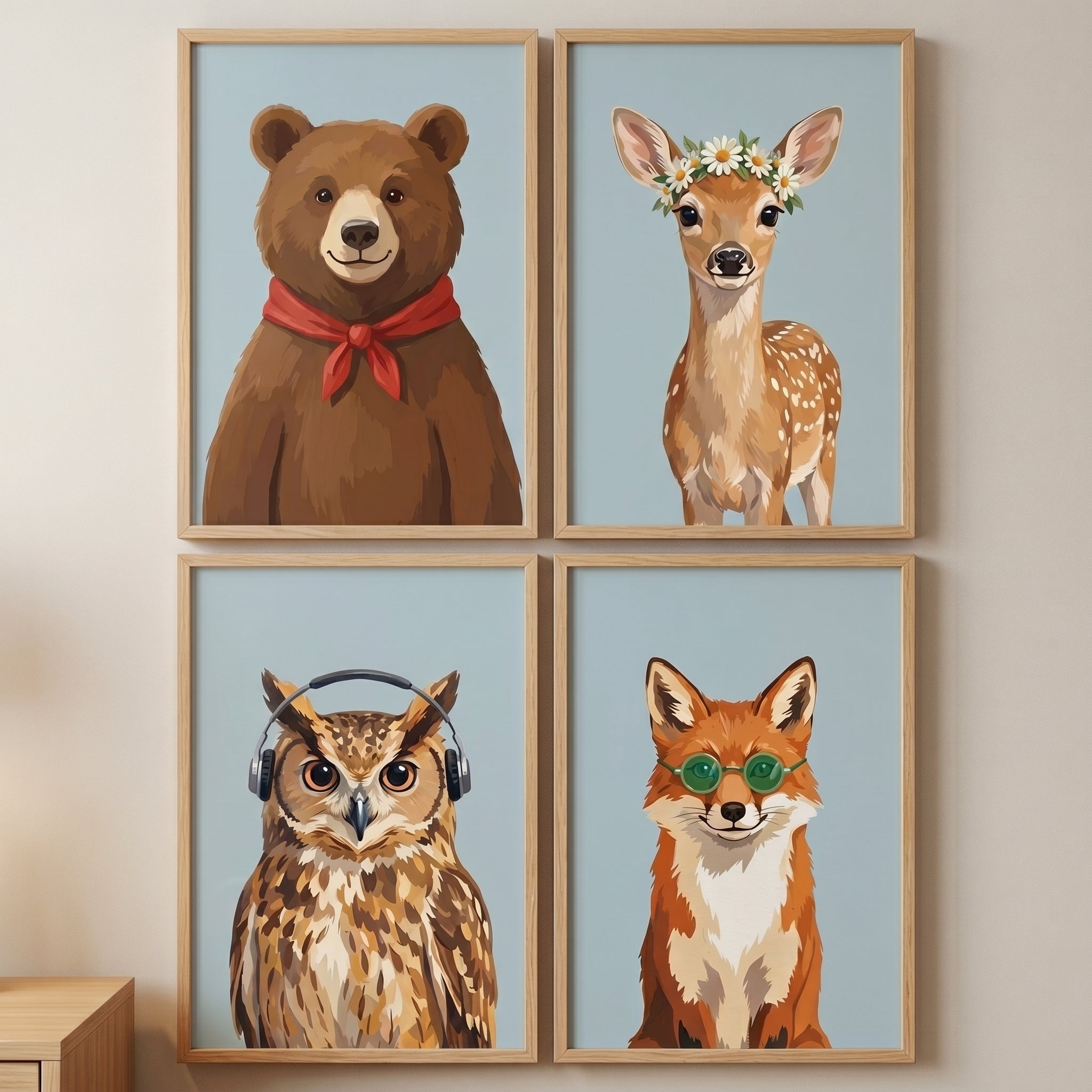 Charming Blue Woodland Animal Wall Art Set of 4 - Quirky Wild Bunch