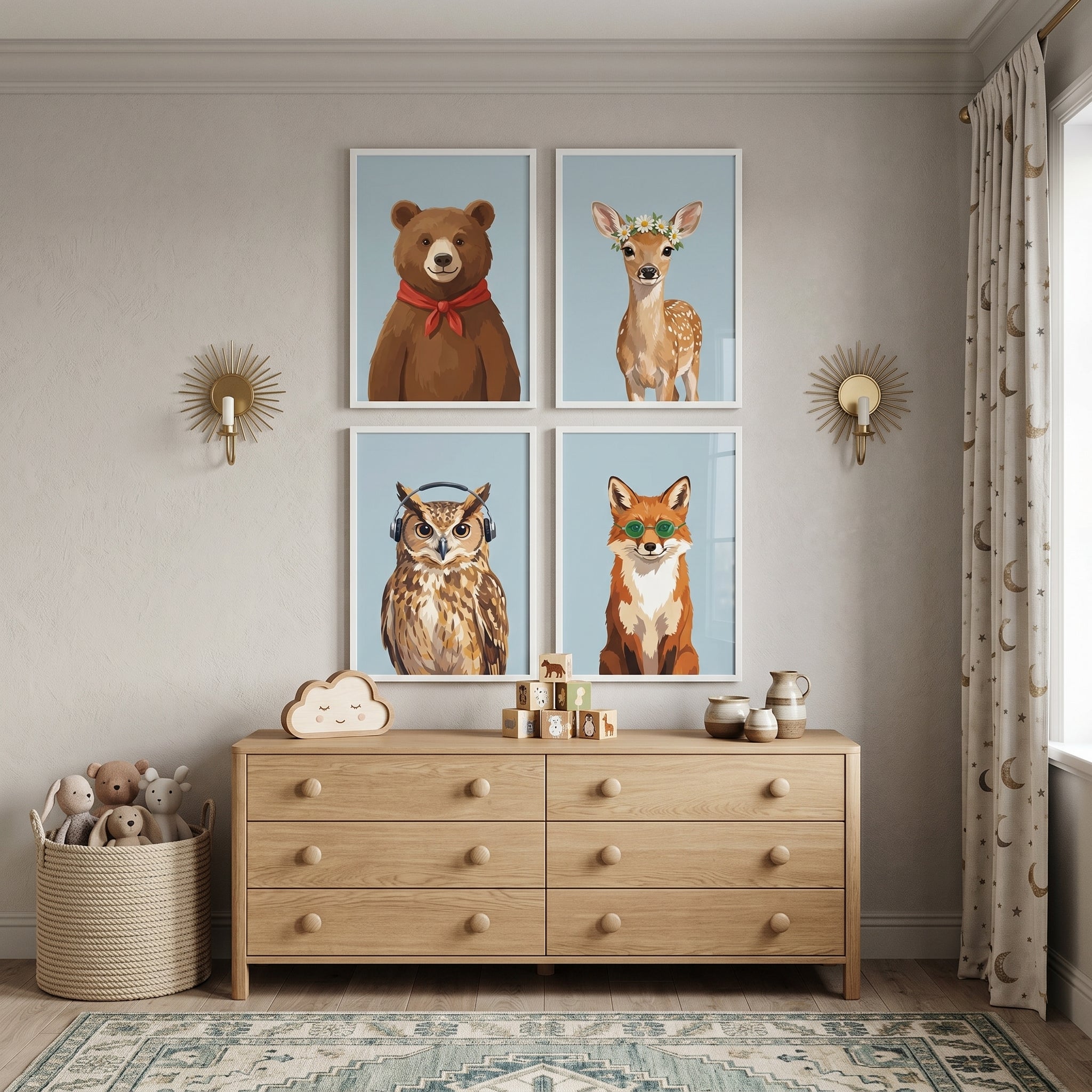 Charming Blue Woodland Animal Wall Art Set of 4 - Quirky Wild Bunch