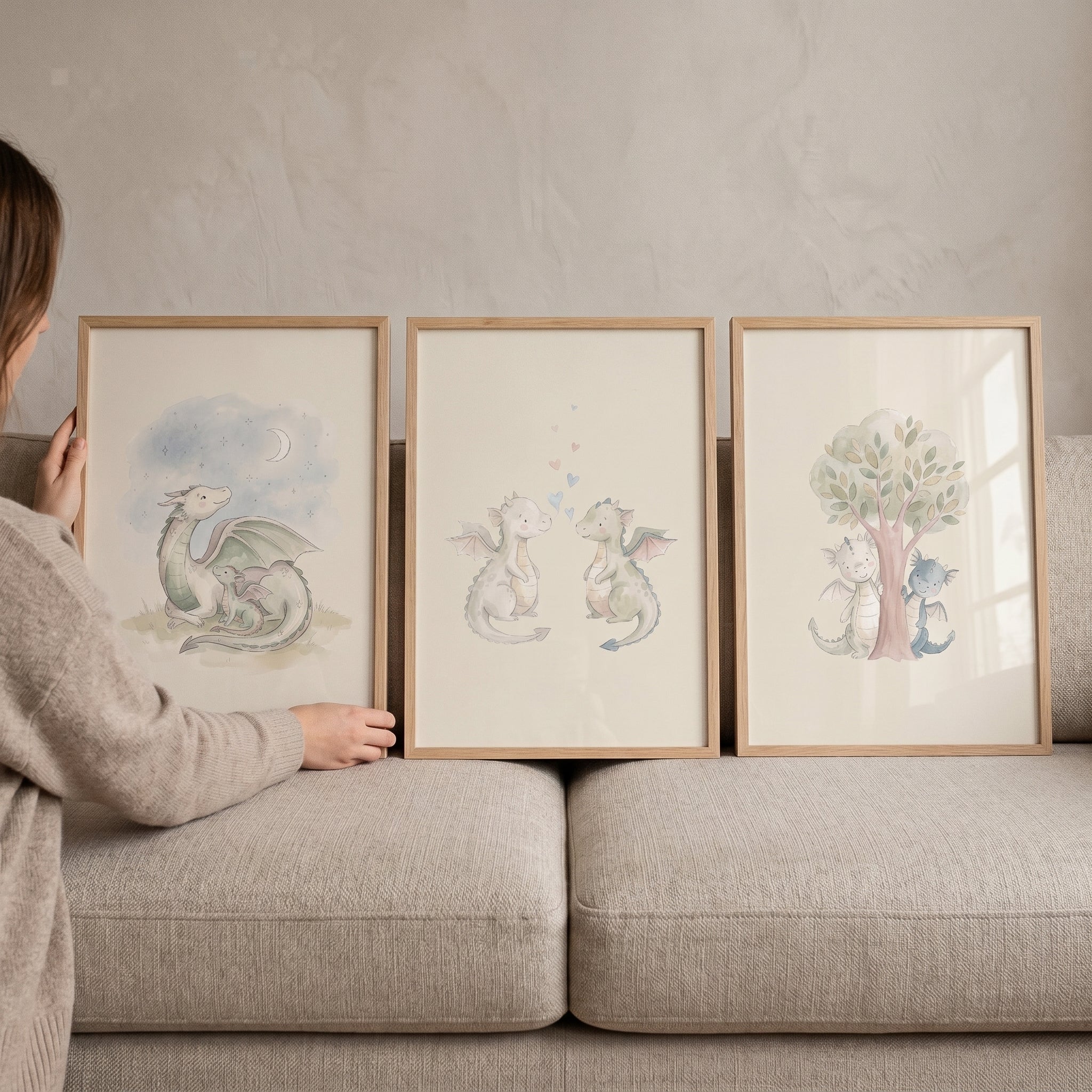 Charming Fairytale Baby Dragon Wall Art Set of 3 - Whimsical Dragon Trio