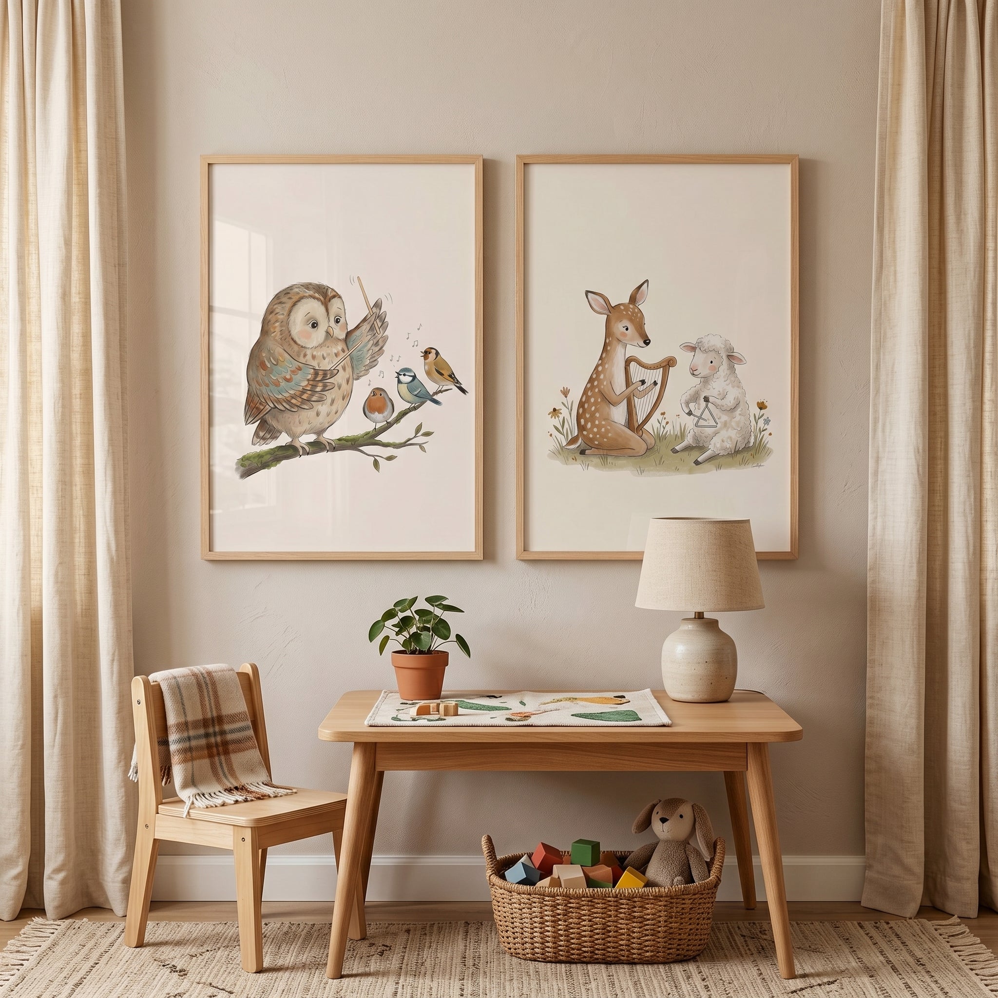 Charming Illustrated Animal Band Wall Art Set Of 2 - Whimsical Forest Concert