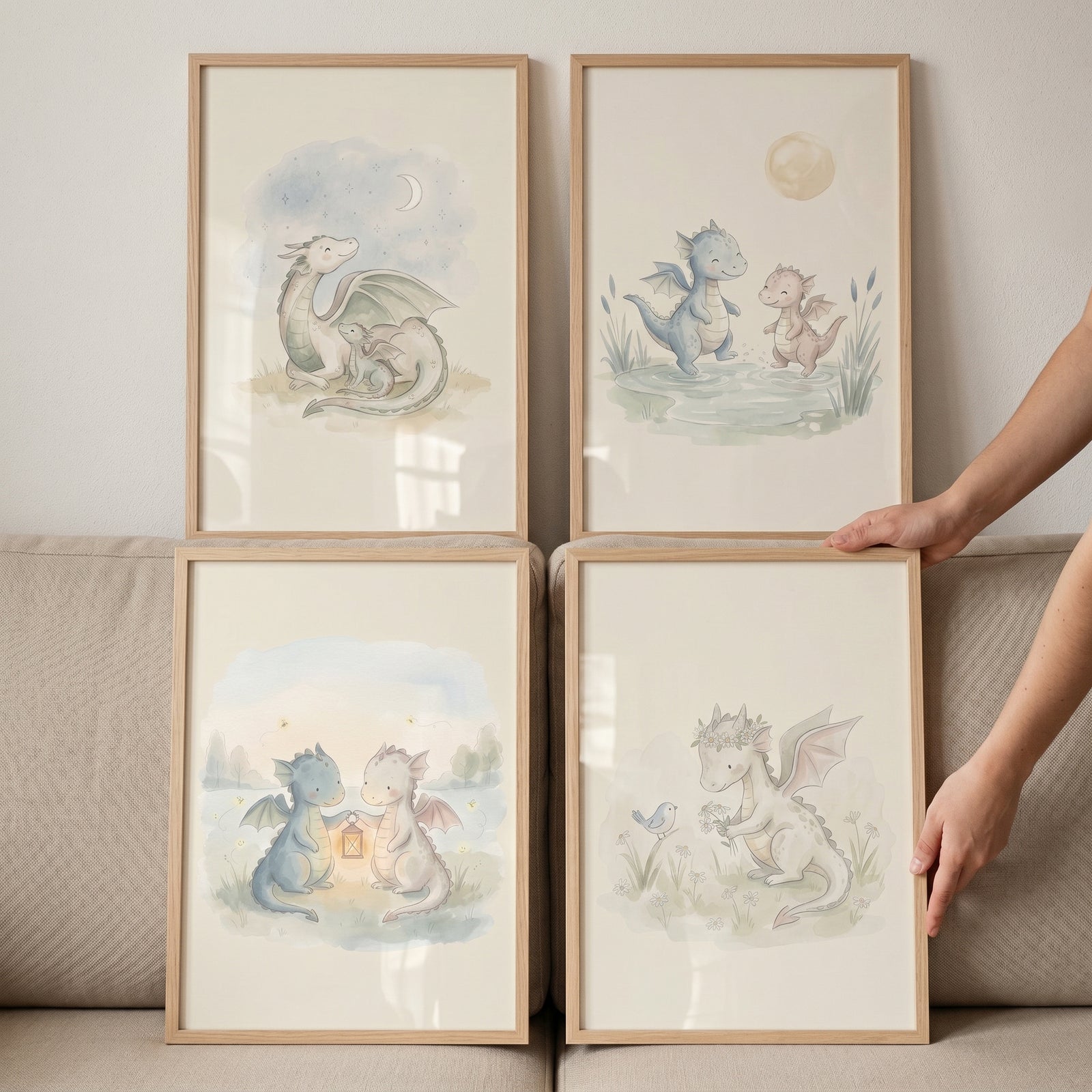 Charming illustrative baby dragon artwork set of 4 in light wood frames, featuring whimsical pastel watercolor scenes.