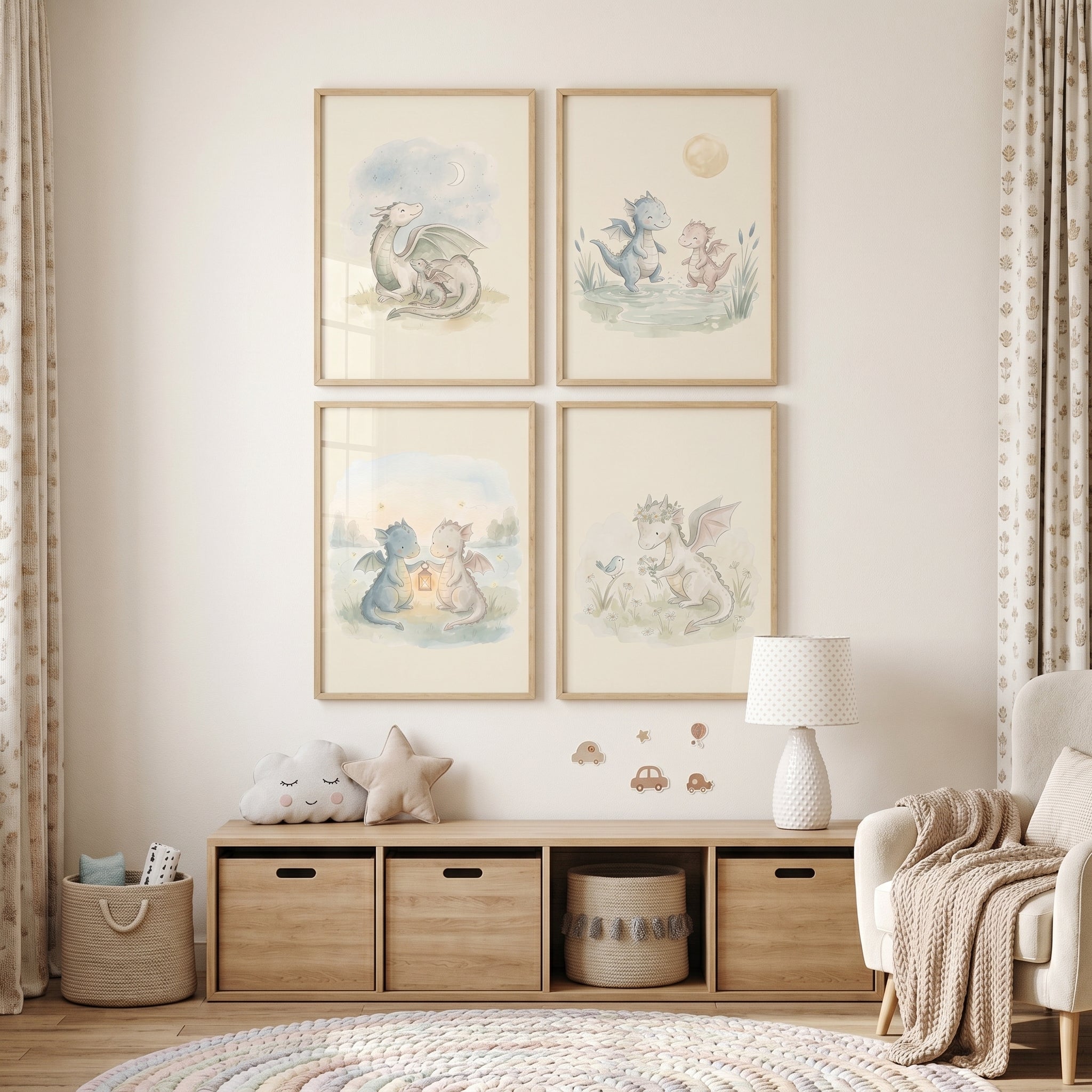 Charming Illustrative Baby Dragon Artwork Set of 4 - Little Dragon Friends