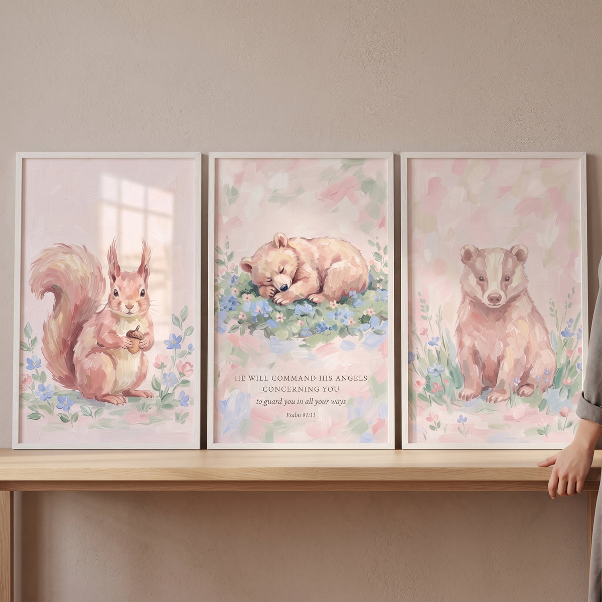 Charming Pink Woodland Animals Wall Art Set of 3 - Woodland Faith Trio