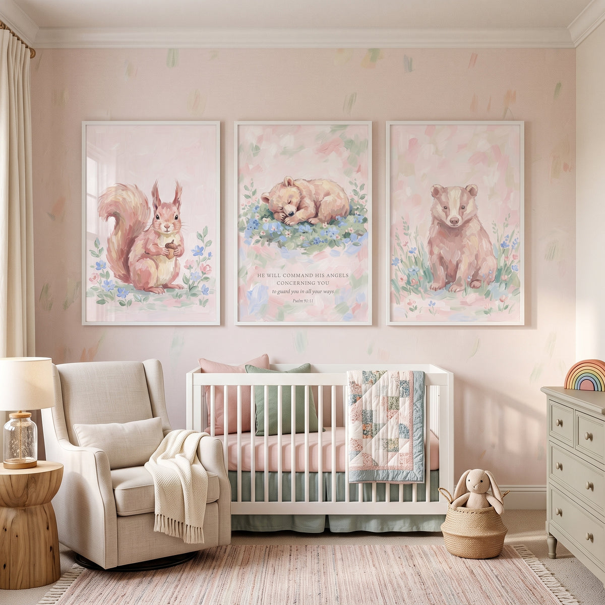 Charming Pink Woodland Animals Wall Art Set of 3 - Woodland Faith Trio