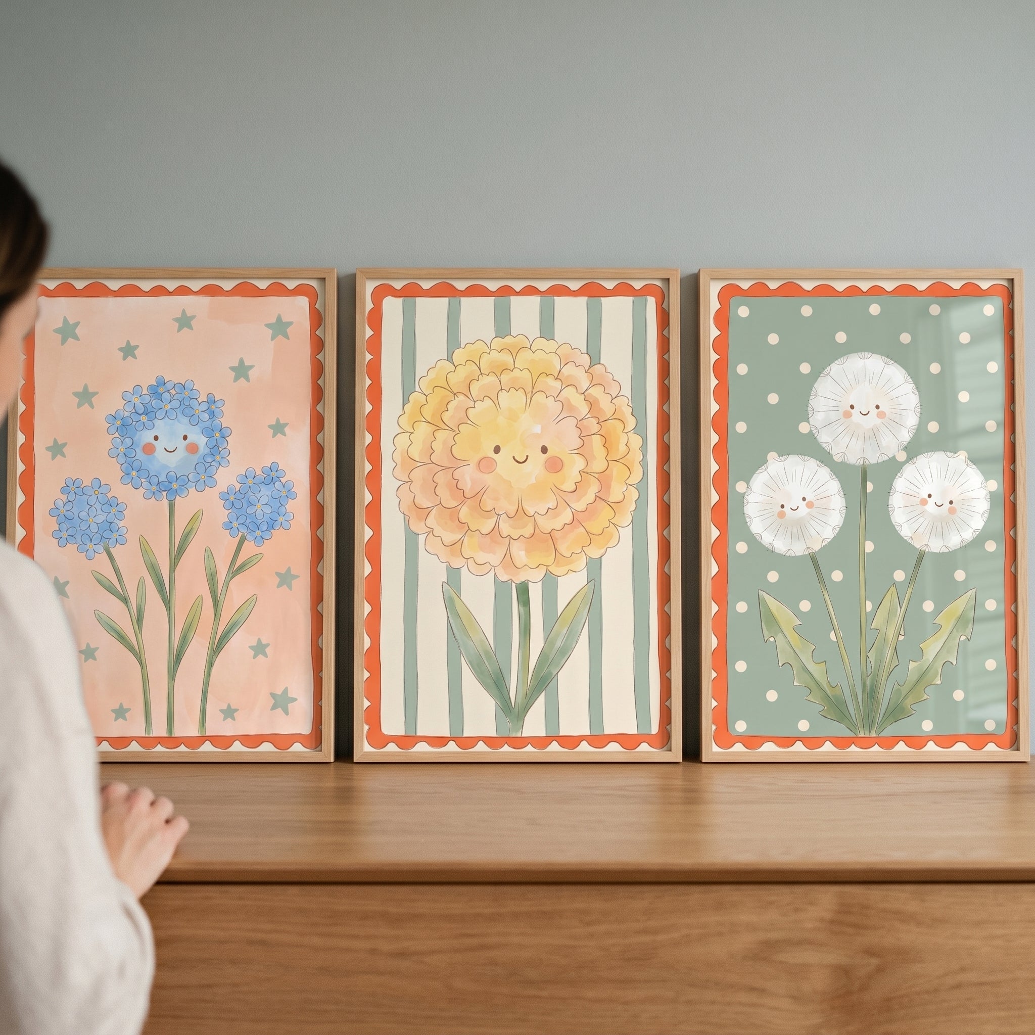 Charming Smiling Flower Wall Art Set of 3 - Whimsical Floral Trio