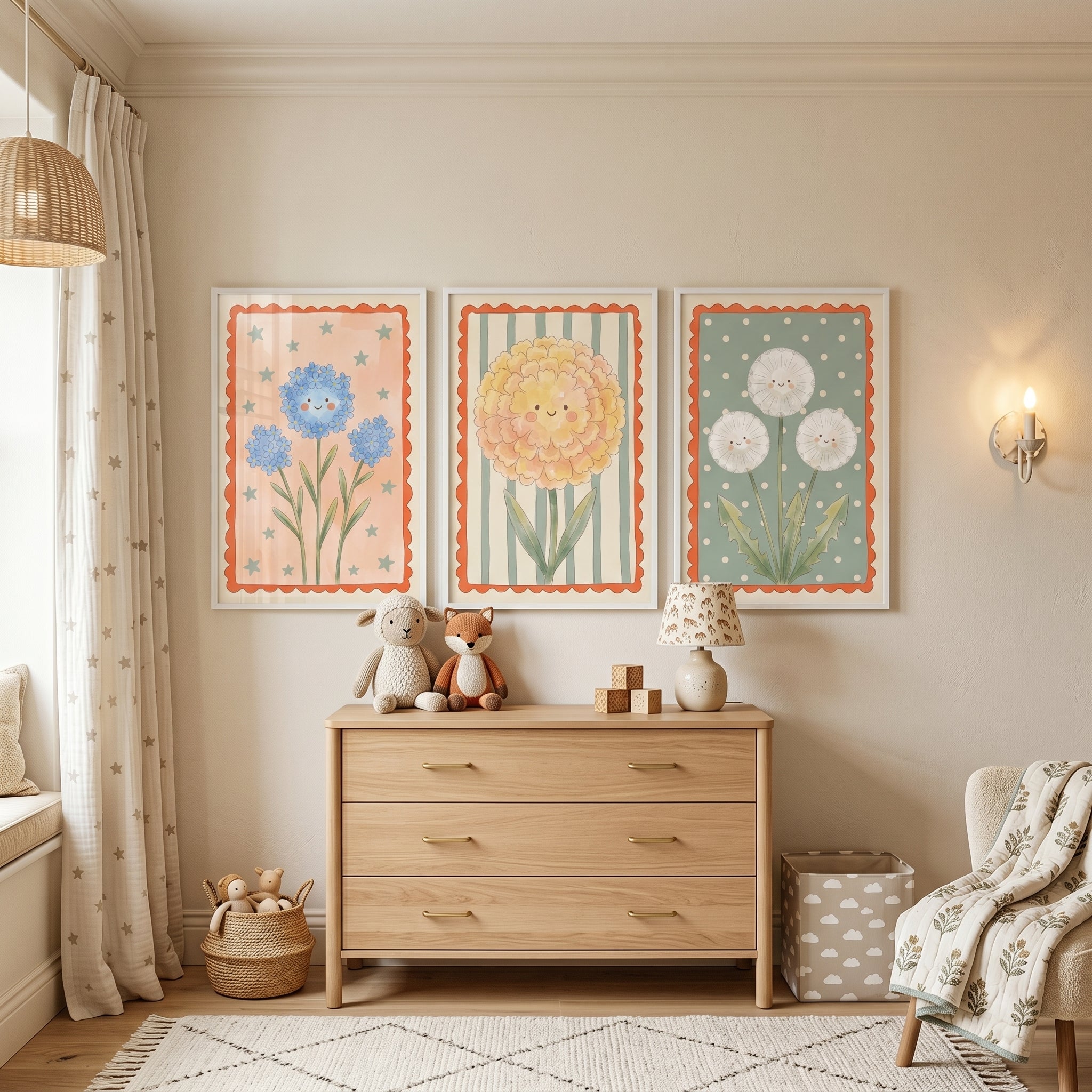 Charming Smiling Flower Wall Art Set of 3 - Whimsical Floral Trio