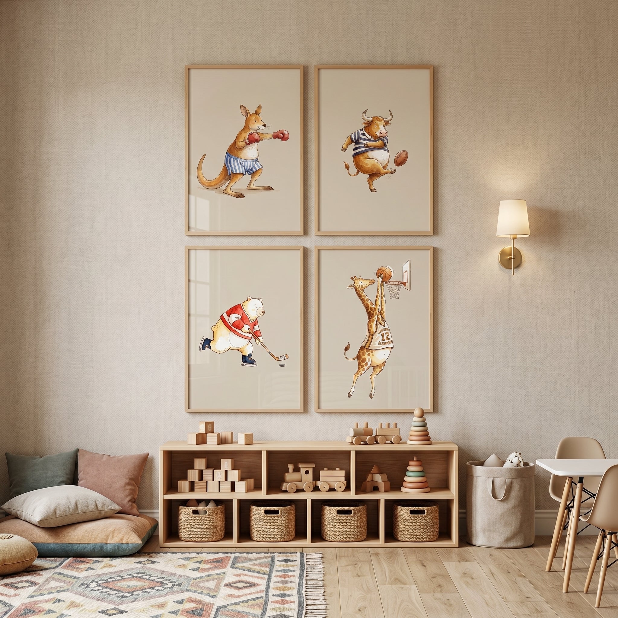 Charming Watercolor Sports Animal Wall Art Set of 4 - Sporty Animal Friends