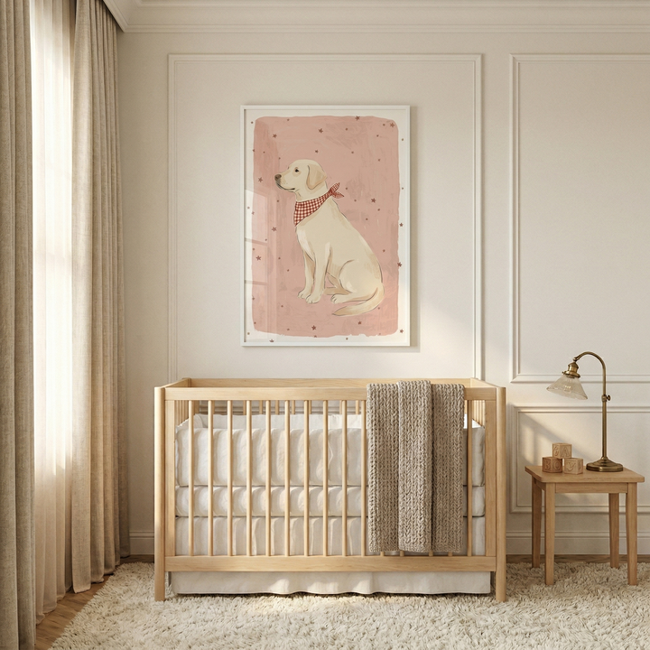 A serene and neutral-toned nursery features a light-colored wooden crib set against a cream wall with decorative molding. Centered above the crib is a large framed illustration of a light-colored dog wearing a red and white checkered bandana, set against a soft pink background with small dots. A textured, taupe-colored knitted blanket hangs over the crib's side. To the right, a small wooden table holds a gold-colored lamp and wooden blocks, all resting on a plush, off-white rug.
