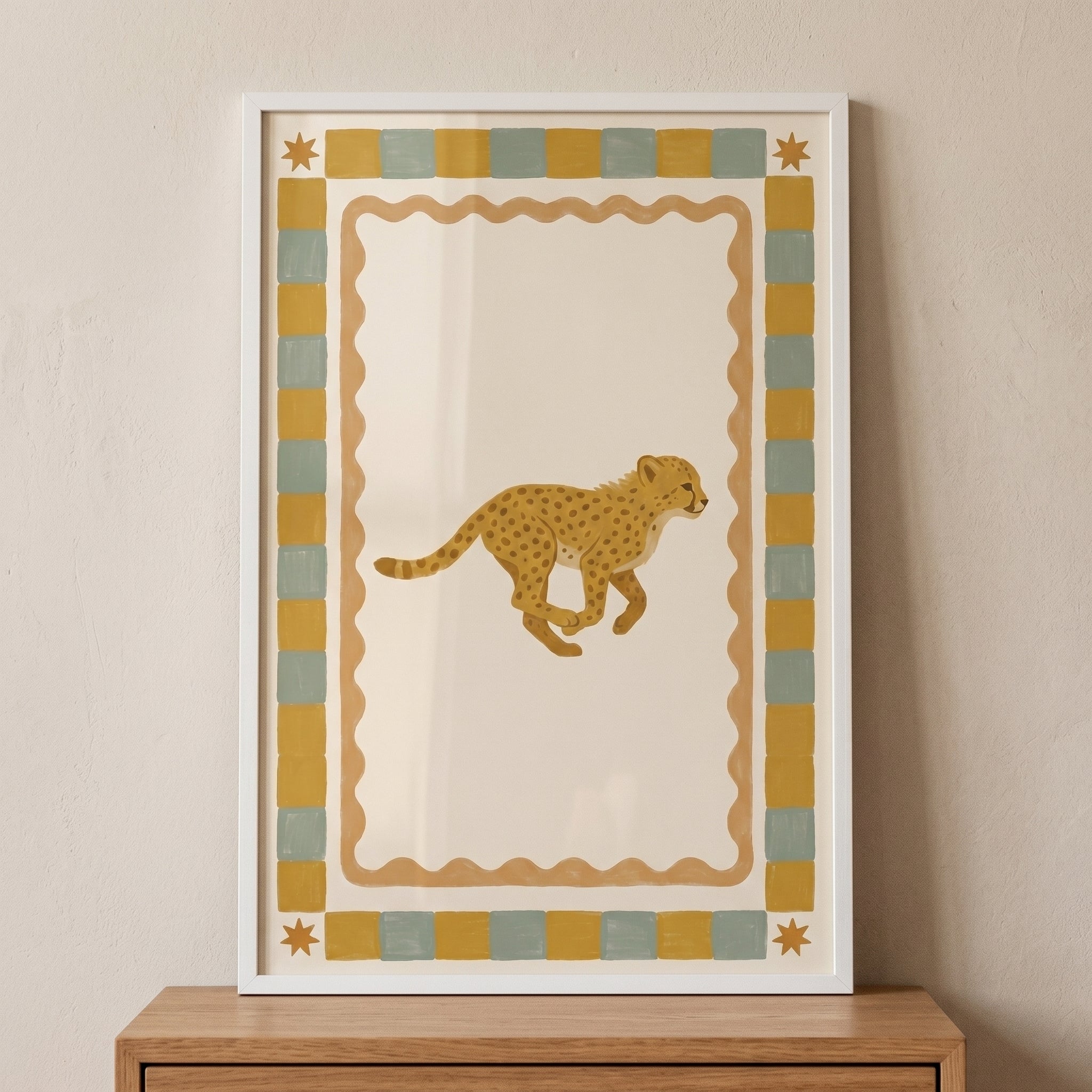 Checkered Border Running Cheetah Wall Art - Golden Wild Dash