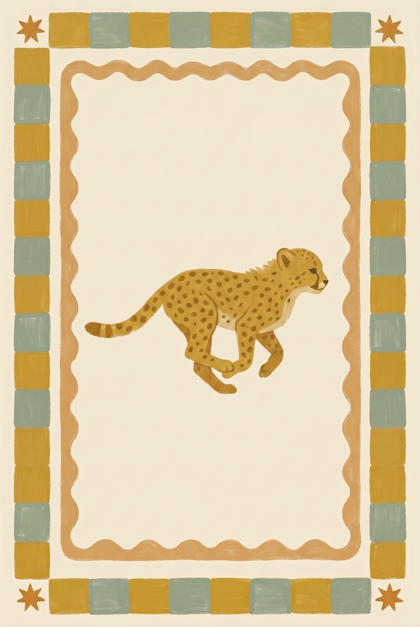 Checkered Border Running Cheetah Wall Art - Golden Wild Dash