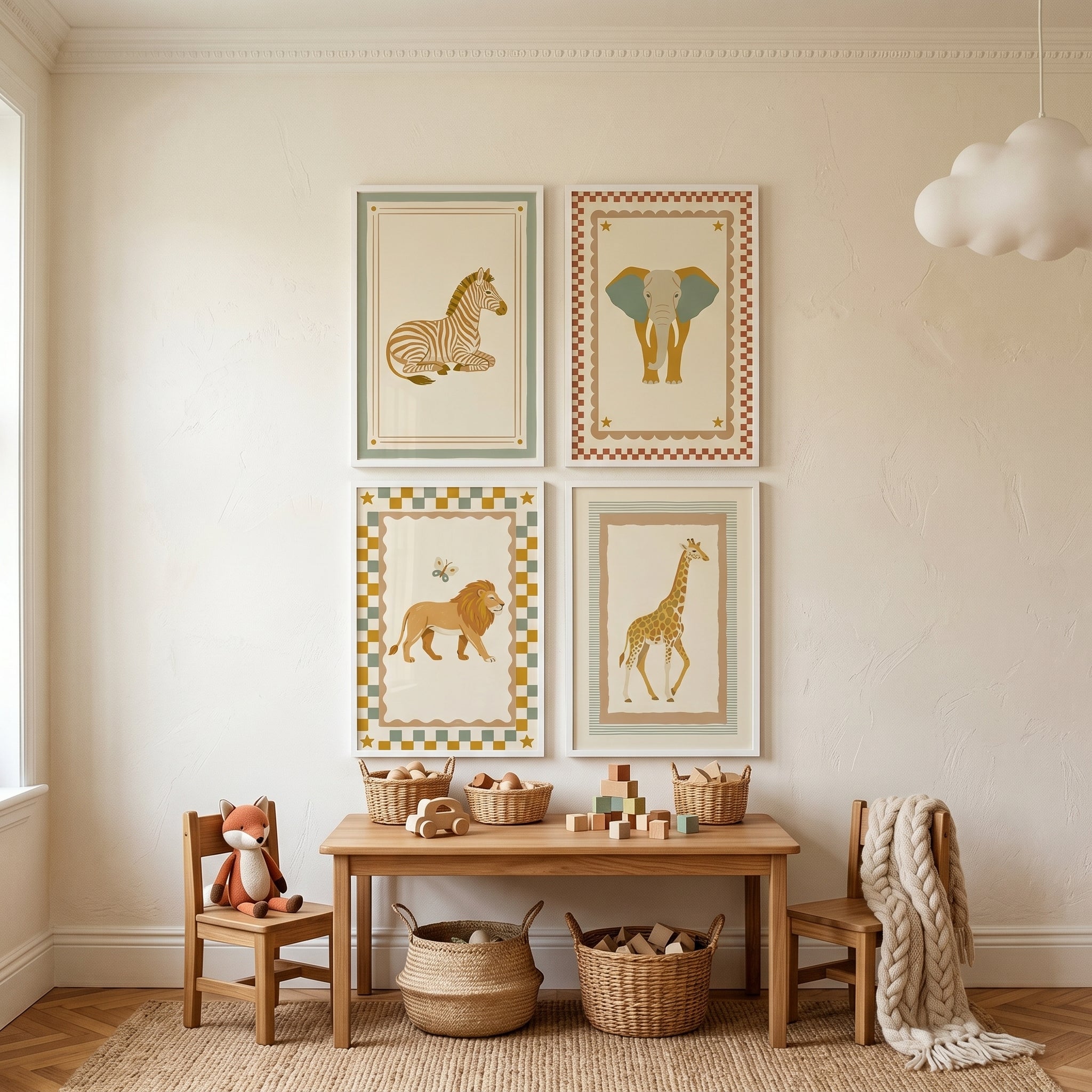 Checkered Border Safari Animal Wall Art Set of 4 - Wild Savanna Quartet