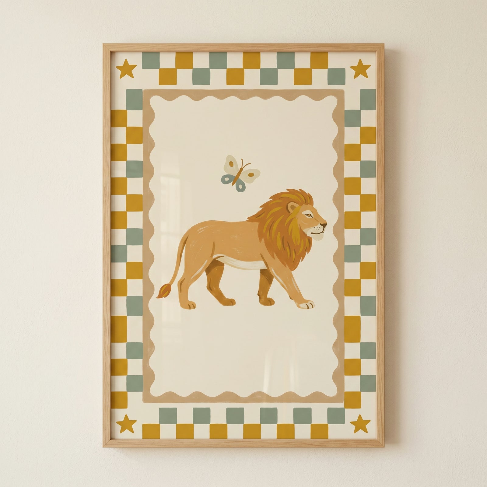 Checkered border walking lion wall art with a blue butterfly and gold stars in a light wood frame.