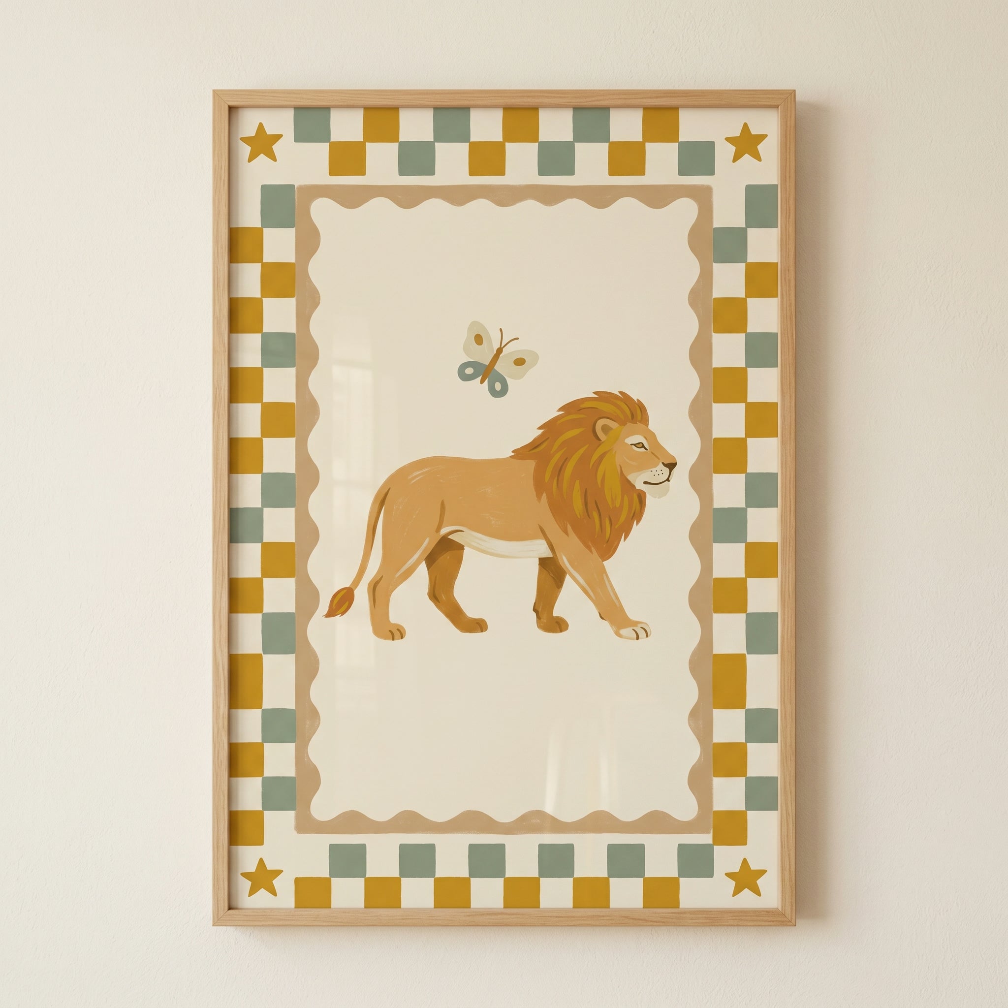 Checkered Border Walking Lion Wall Art - Golden Lion Friend