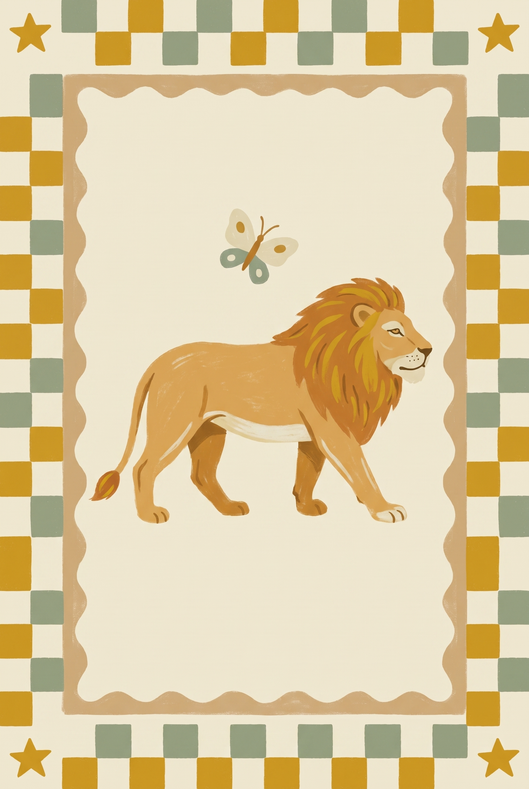 Checkered Border Walking Lion Wall Art - Golden Lion Friend