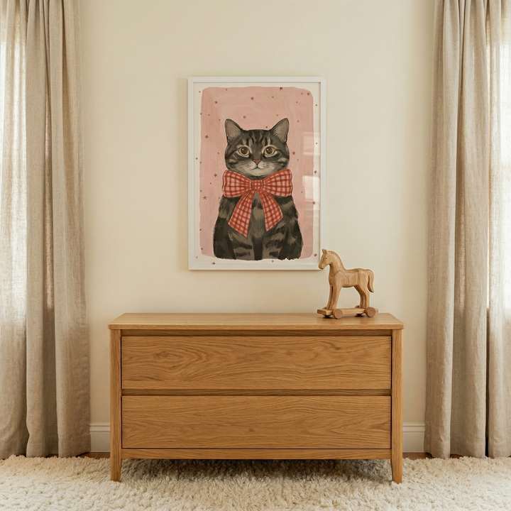 Framed illustration of a tabby cat with wide eyes wearing an oversized red checkered bow sits centered above a wooden dresser. The artwork is set against a soft pink background with small stars, styled in a cozy room with neutral curtains and a wooden toy horse on the dresser.