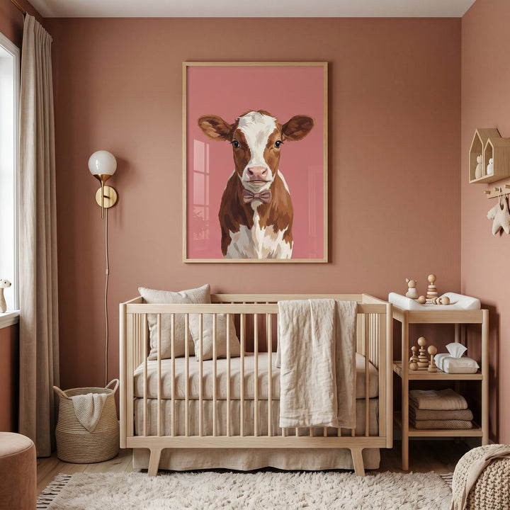 Terracotta nursery with a wooden crib, neutral bedding, and checkered bow tie cow wall art hanging above.