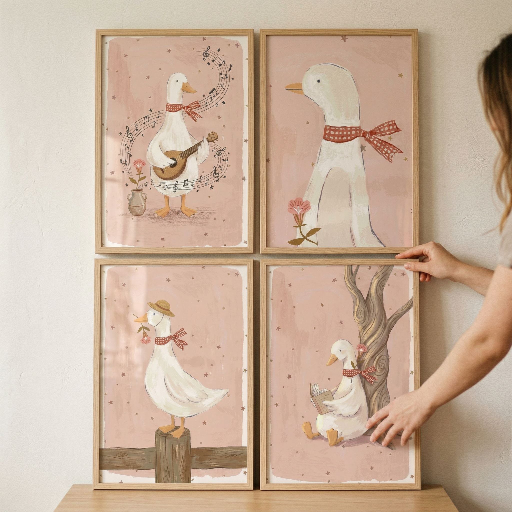 Checkered Bow White Goose Wall Art Set of 4 - Whimsical Duck Scenes