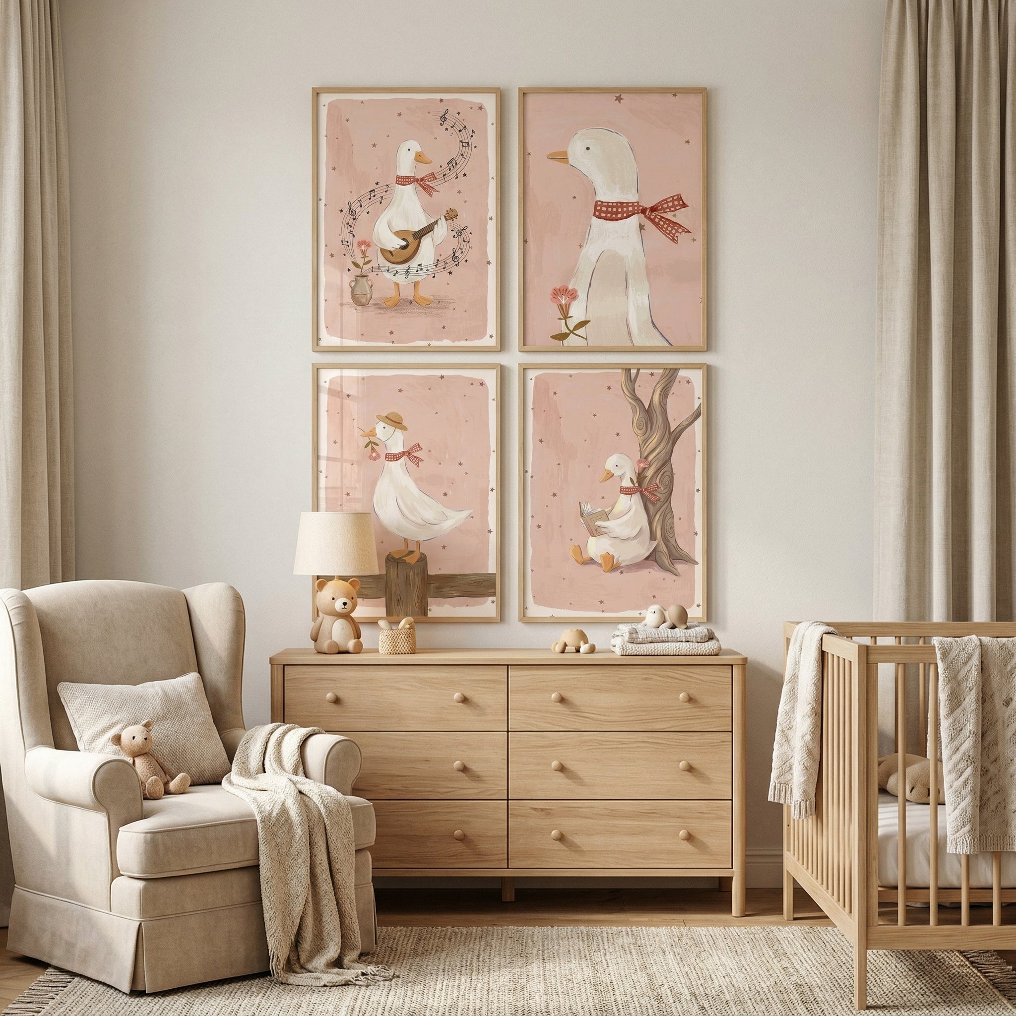 Checkered Bow White Goose Wall Art Set of 4 - Whimsical Duck Scenes