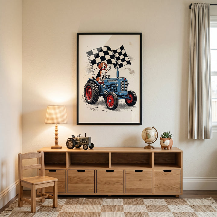 Checkered flag driving beagle wall art hangs in a nursery with wooden furniture, a toy tractor, and a checkered rug.