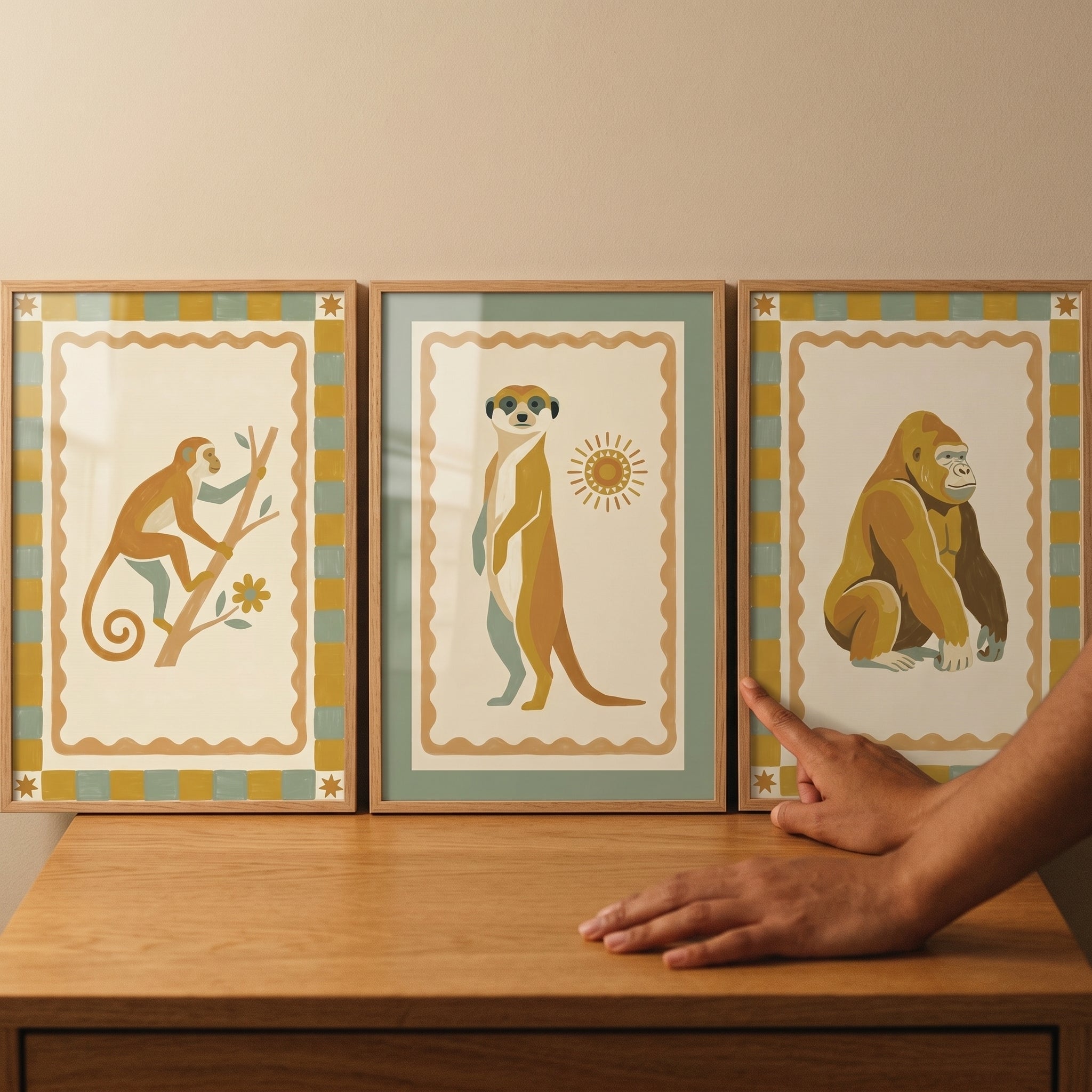Checkered Folk Safari Animal Artwork Set of 3 - Folk Nature Art