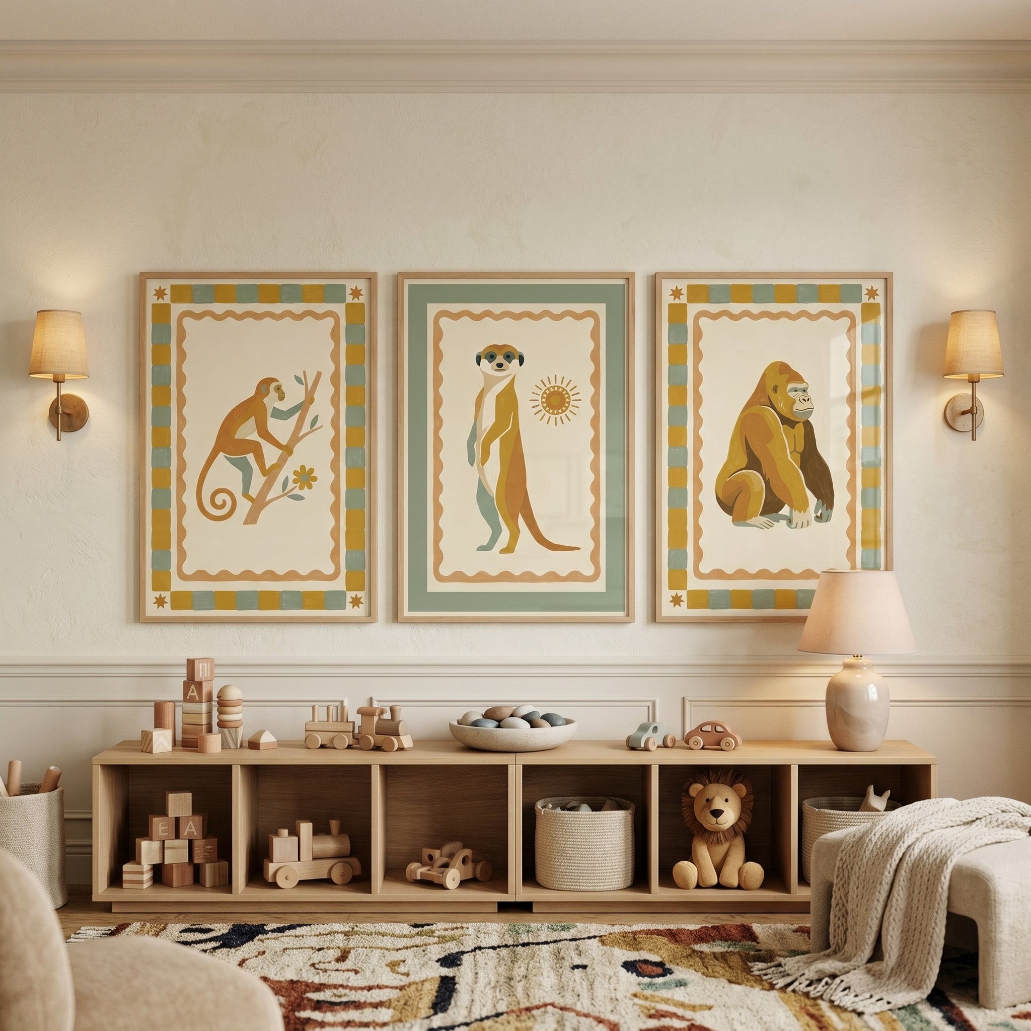 Checkered Folk Safari Animal Artwork Set of 3 - Folk Nature Art