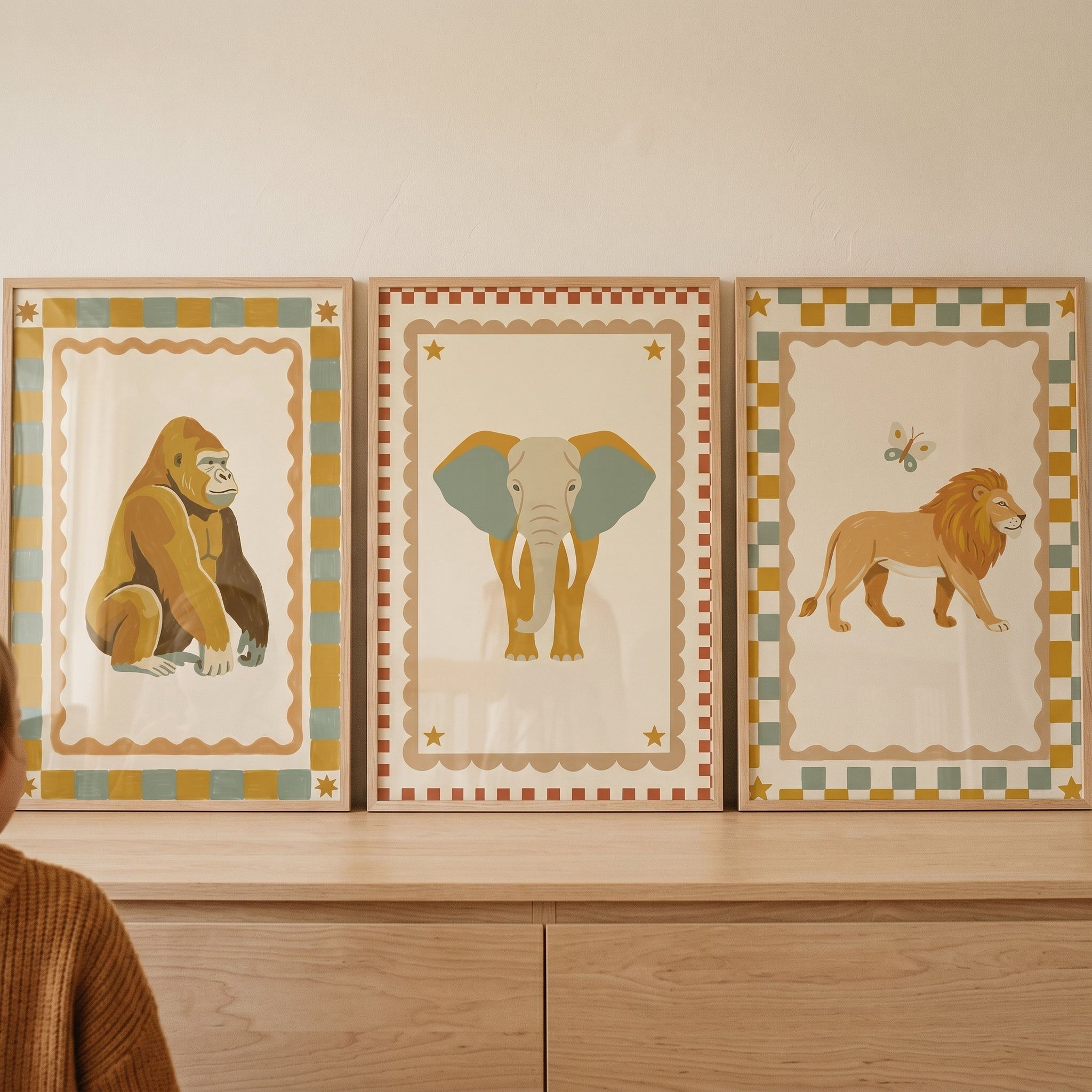 Checkered Frame Safari Animals Wall Art Set of 3 - Classic Circus Animals