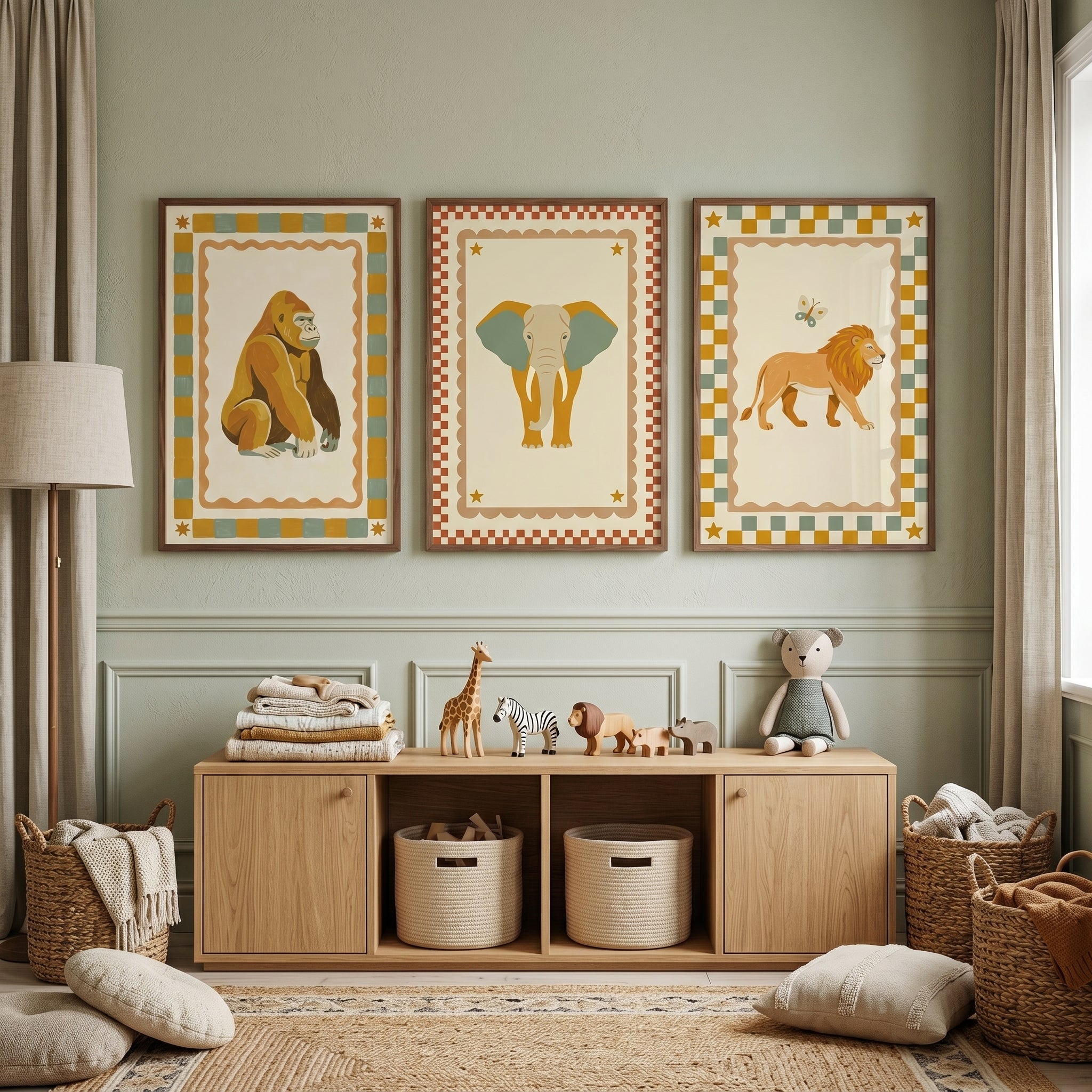 Checkered Frame Safari Animals Wall Art Set of 3 - Classic Circus Animals