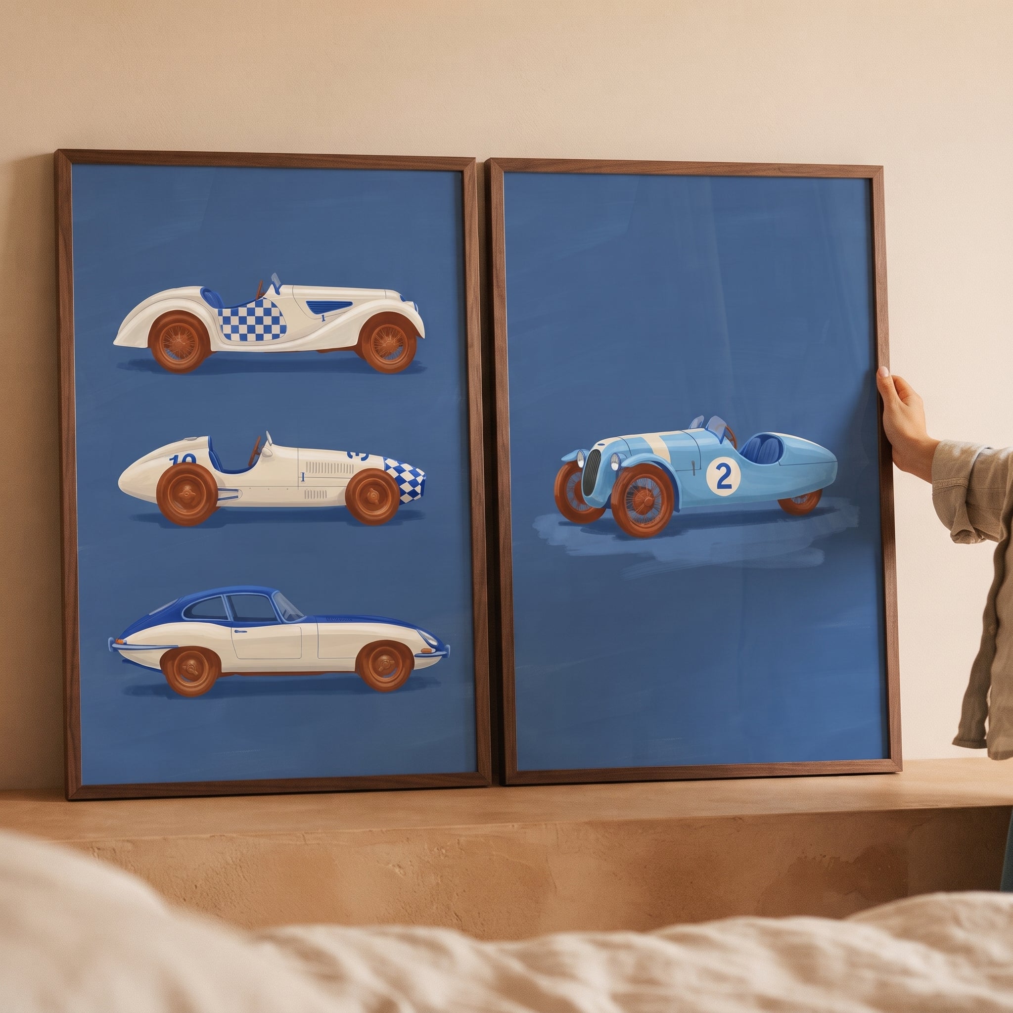Checkered Navy Racing Car Wall Art Set of 2 - Vintage Race Collection