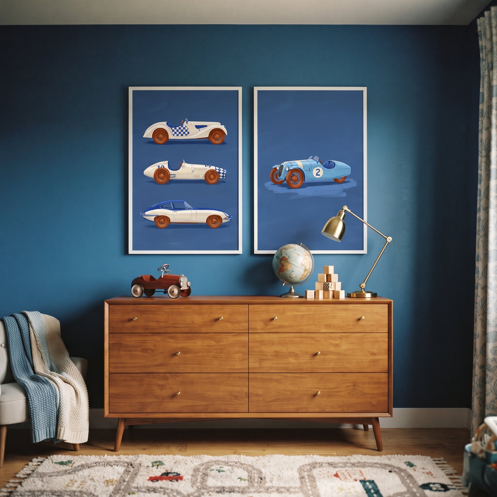 Checkered Navy Racing Car Wall Art Set of 2 - Vintage Race Collection