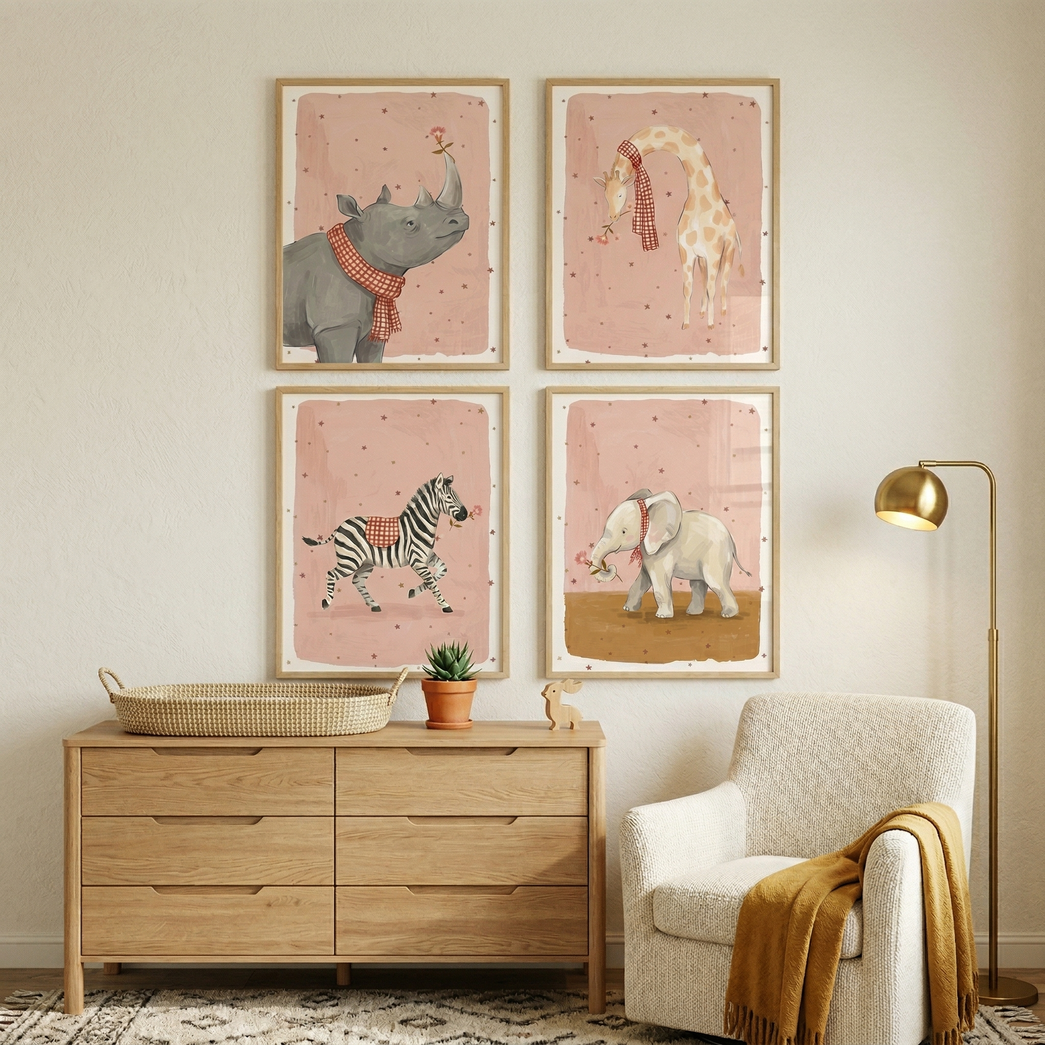 Checkered Scarf Safari Animal Wall Art Set of 4 - Pink Starry Safari