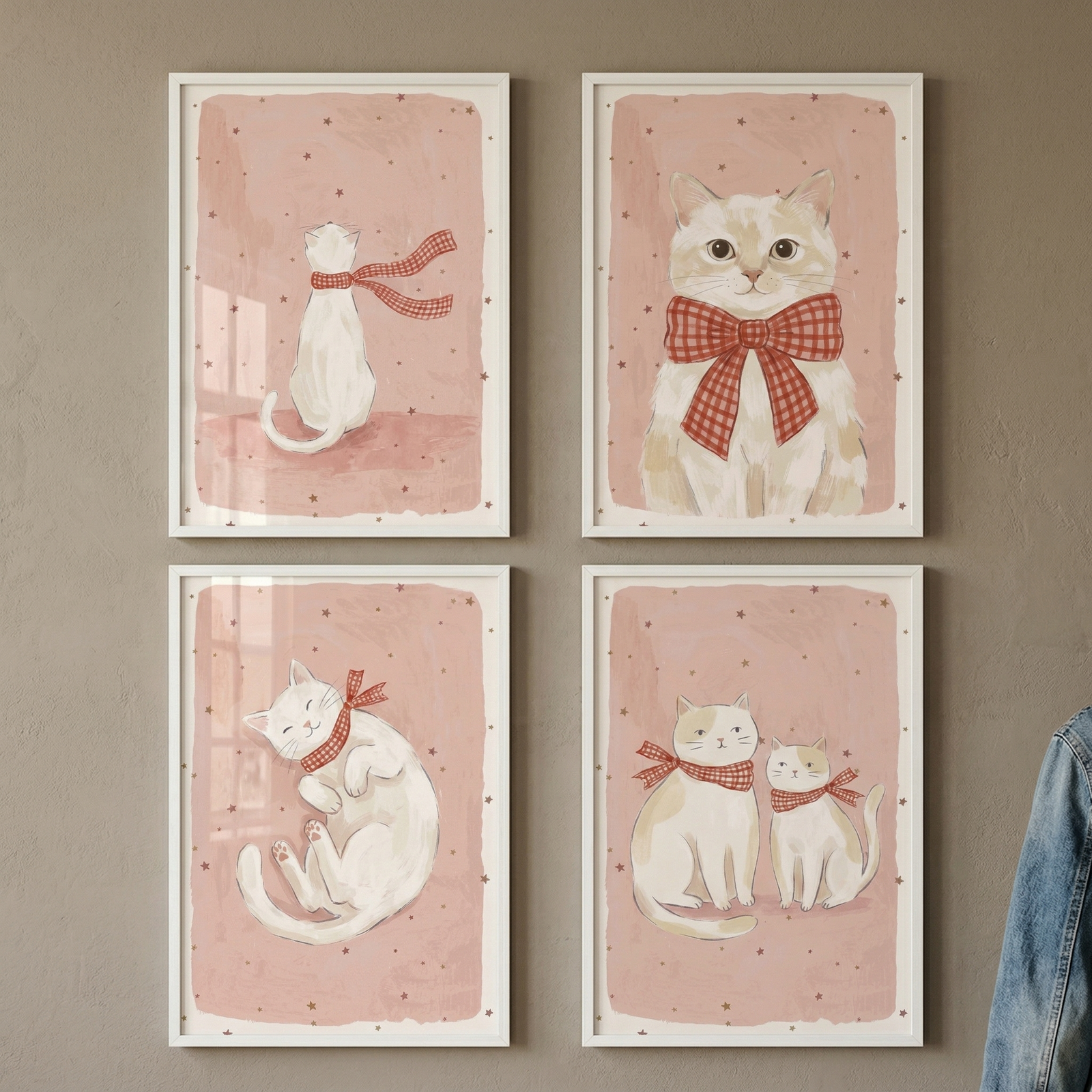 Four vertically oriented, white-framed illustrations are arranged in a two-by-two grid on a neutral-toned wall. Each illustration features whimsical, stylized cats set against a soft pink background dotted with small, dark speckles and stars.