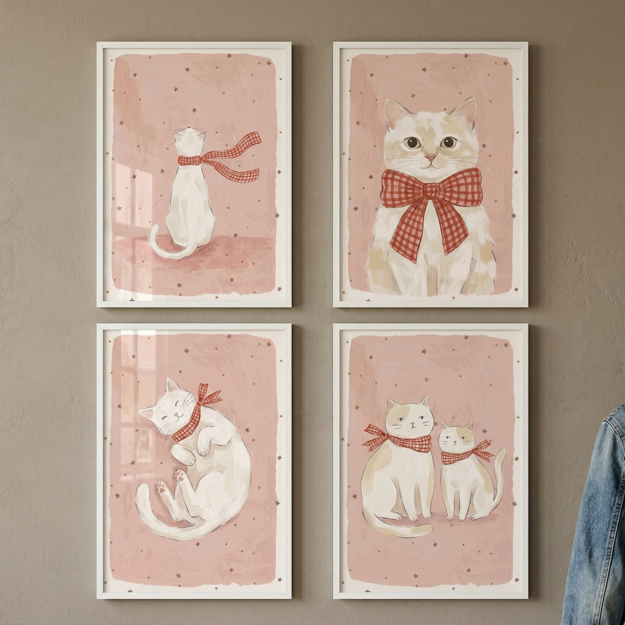 Checkered Scarf White Cat Wall Art Set of 4 - Whimsical Feline Friends