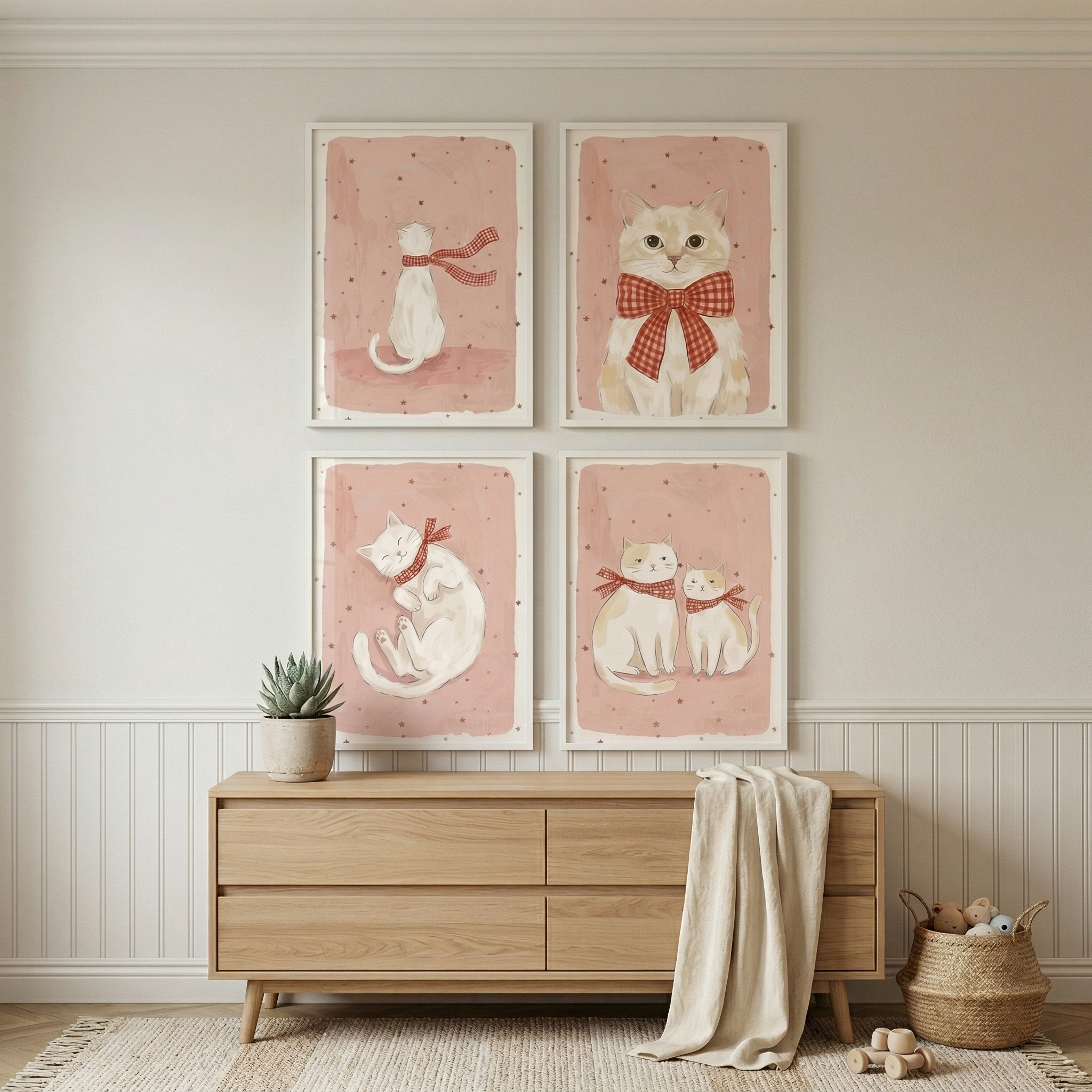Checkered Scarf White Cat Wall Art Set of 4 - Whimsical Feline Friends