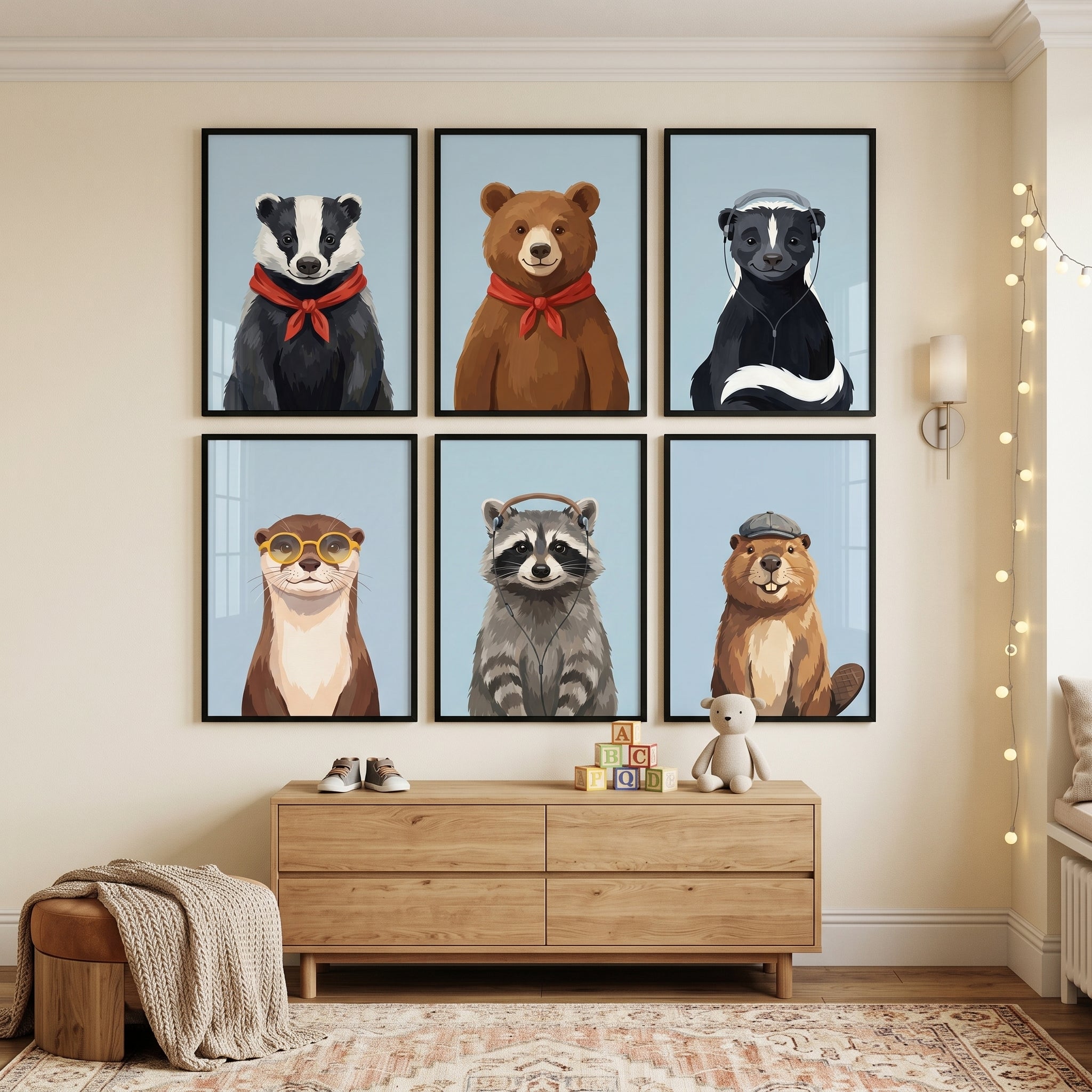 Cheerful Blue Forest Animals Wall Art Set of 6 - Chic Forest Friends