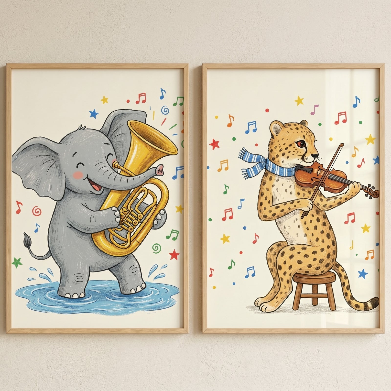 Cheerful melodic savanna animals wall art set of 2 with an elephant playing a tuba and a cheetah playing a violin.