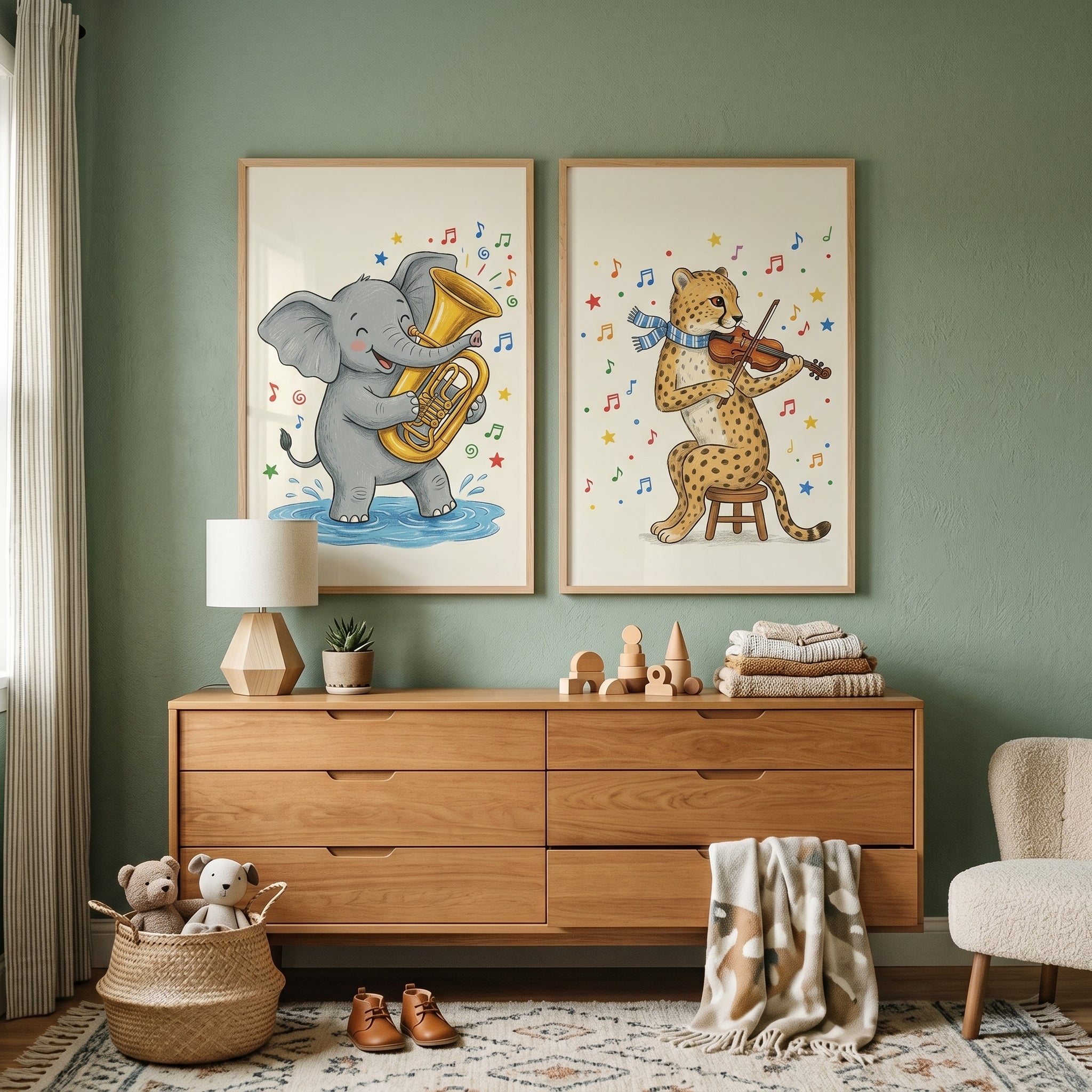 Cheerful Melodic Savanna Animals Wall Art Set Of 2 - Musical Safari Duet