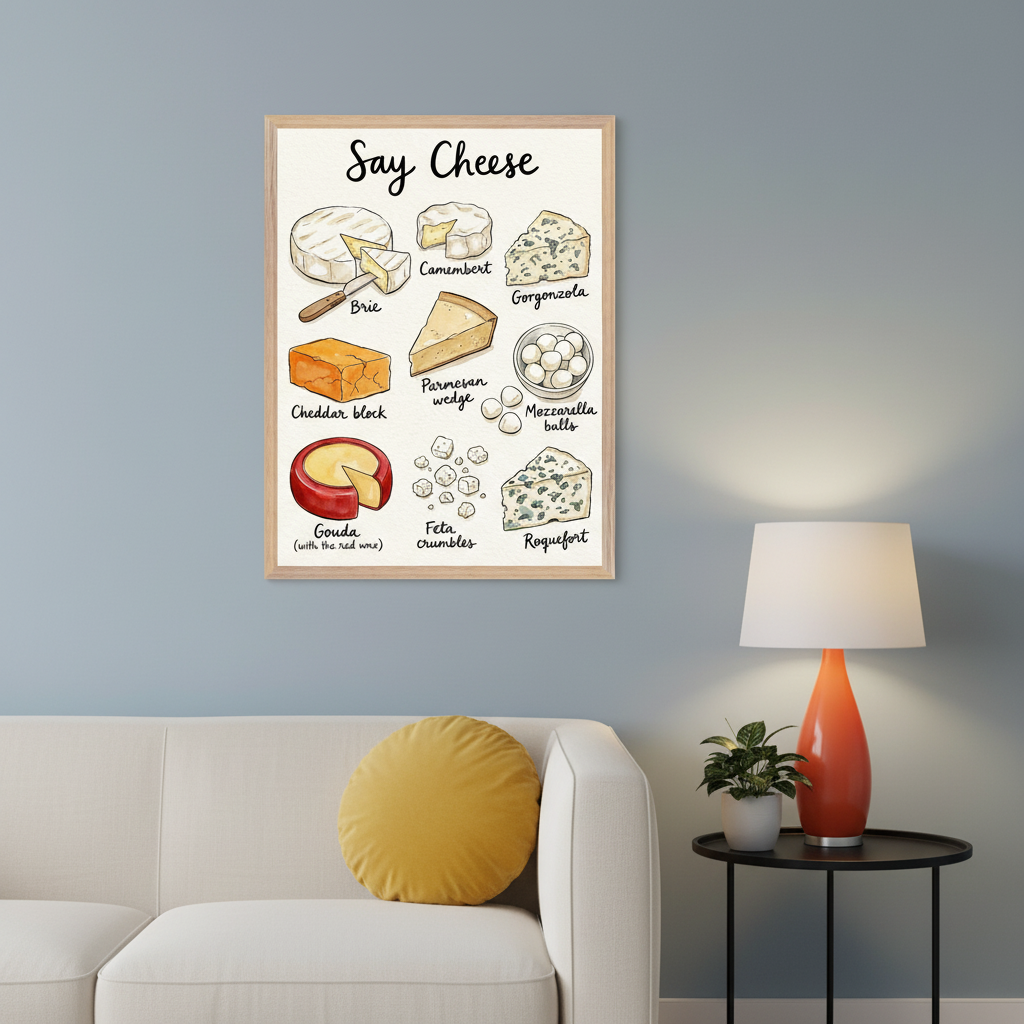 Modern living room with a white sofa. On a light blue wall above the sofa hangs a framed poster titled "Say Cheese," illustrating 9 types of cheese in a hand-drawn style, including Brie, Cheddar, Gouda, and Roquefort. An orange table lamp is on a black side table.