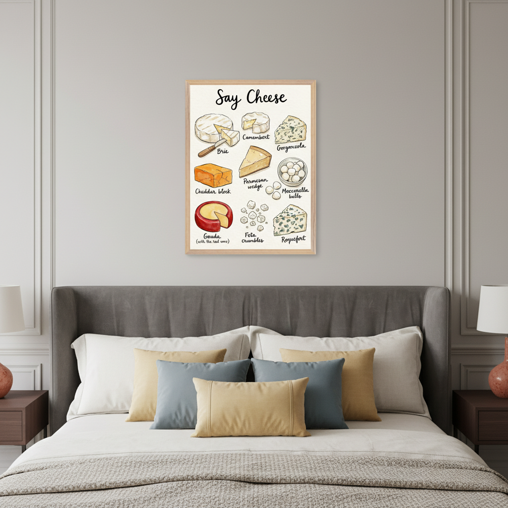 Modern bedroom with a bed featuring a dark grey upholstered headboard. A light wood-framed "Say Cheese" poster, illustrating 10 types of cheese, hangs centered above the bed.