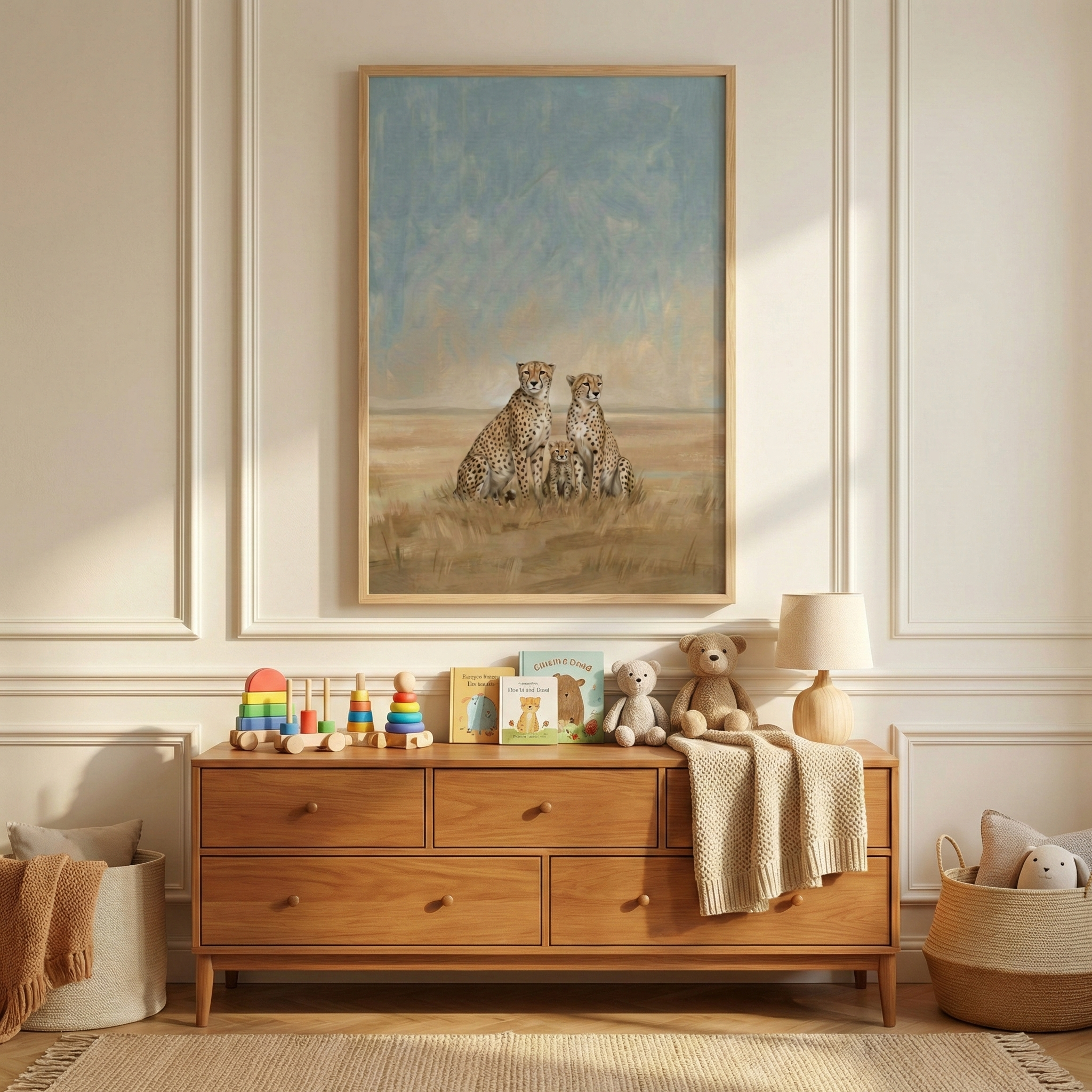 A serene nursery features a large framed artwork of a cheetah family—two adults and a cub—in a grassy field under a blue sky. The artwork is mounted on a white paneled wall above a six-drawer wooden dresser. On the dresser are wooden stacking toys, children’s books, two plush teddy bears, a small lamp, and a folded knit blanket. Woven baskets and a textured rug complete the warm, sunlit space.