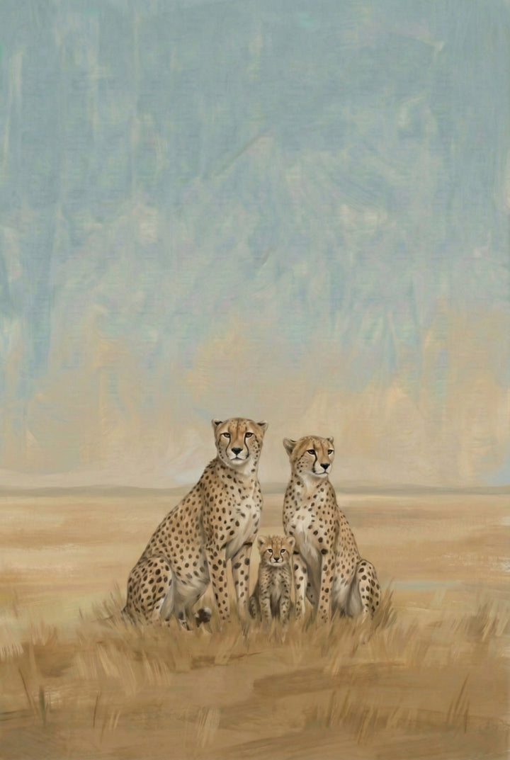 Realistic illustration of two adult cheetahs and a cub sitting alert in golden grass, with a soft blue and tan sky fading into the distance.