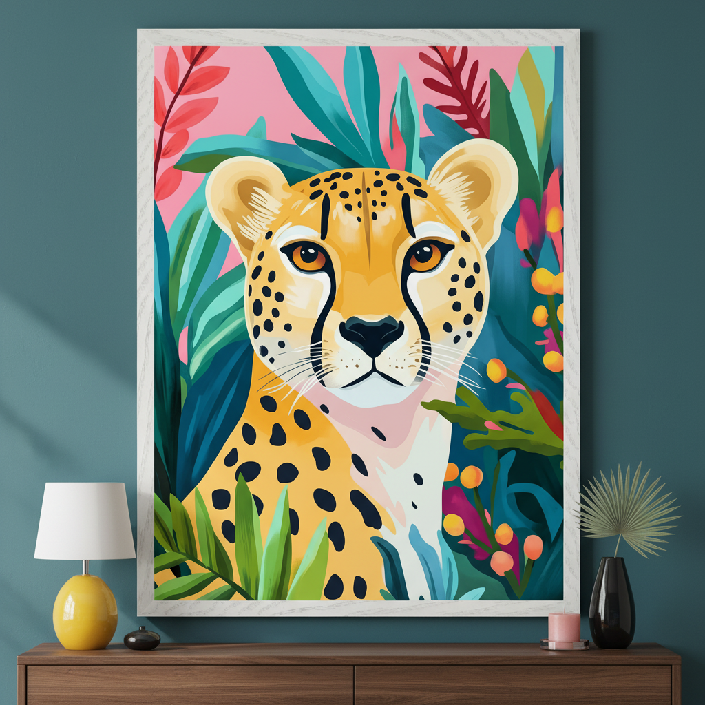 Modern living space with a dark wooden console table. A large framed, colorful illustrative print of a cheetah's face amidst tropical leaves hangs above. A yellow lamp and black vase are on the table.