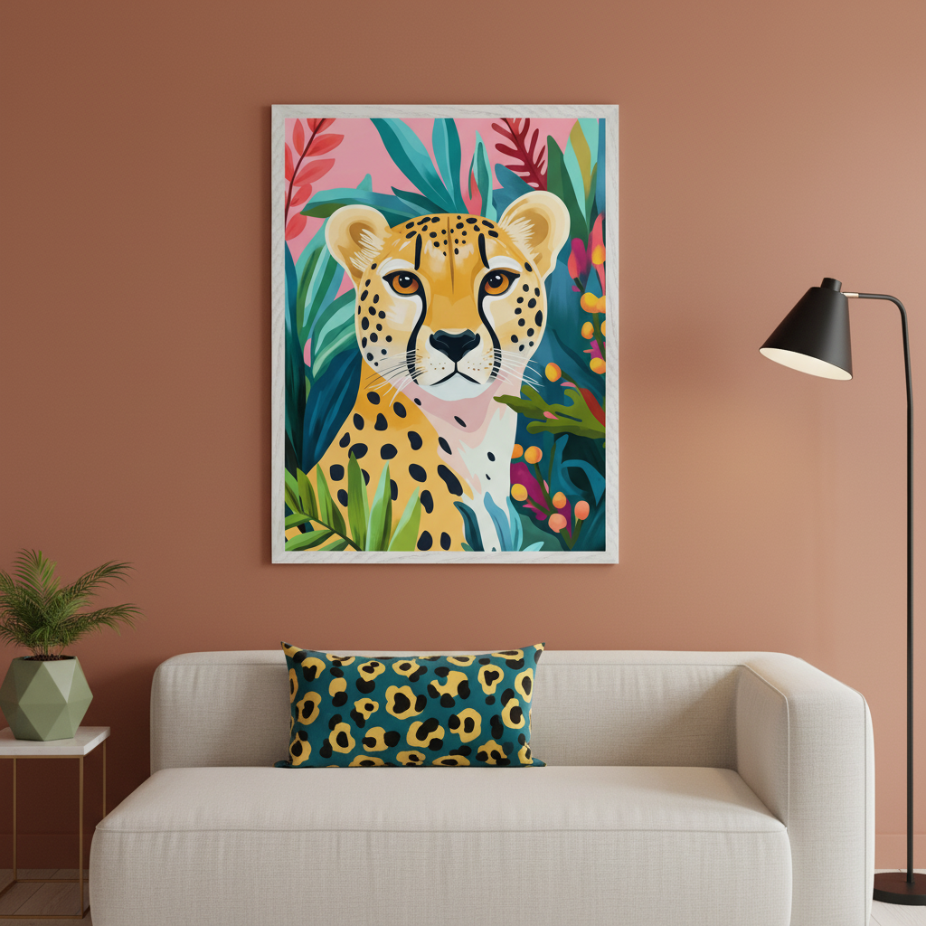 Modern living room with a terracotta wall and a white sofa. A vibrant framed illustration of a cheetah amidst colorful tropical foliage hangs centered above the sofa. A leopard print pillow is on the sofa, and a black floor lamp stands to the right.