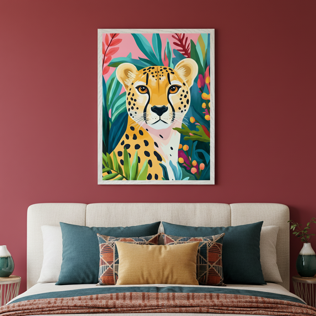 Modern bedroom with a cream upholstered bed. A framed graphic print of a stylized cheetah's head and tropical plants hangs centered above the bed on a maroon wall.