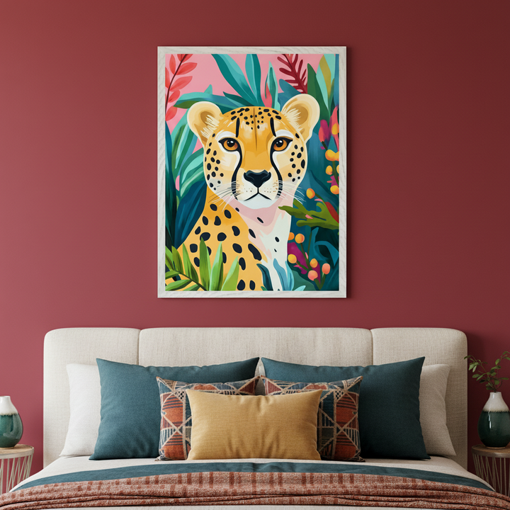 Modern bedroom with a cream upholstered bed. A framed graphic print of a stylized cheetah's head and tropical plants hangs centered above the bed on a maroon wall.