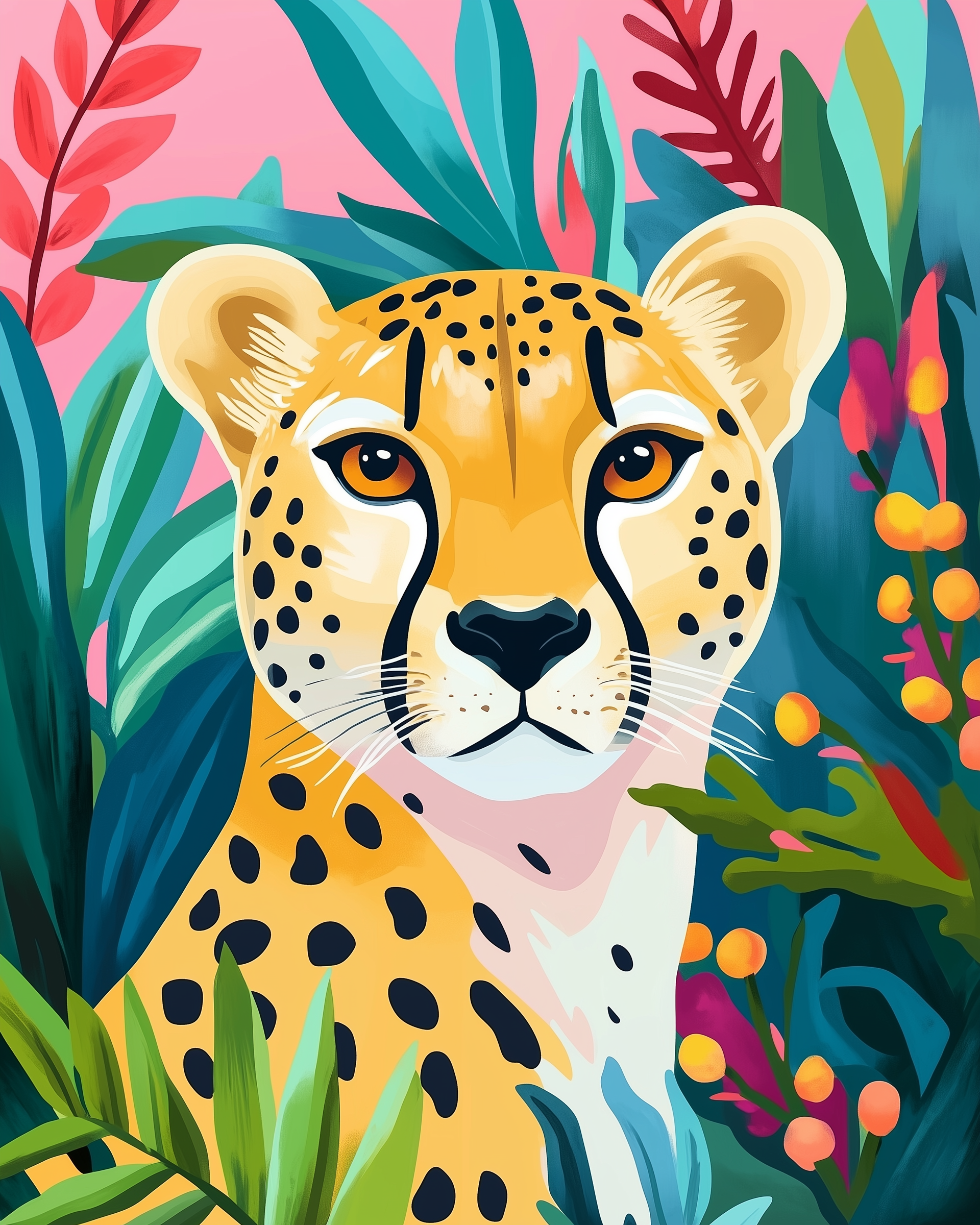 A vibrant illustration of a cheetah surrounded by lush tropical foliage in rich shades of green, red, and pink. The cheetah’s intense gaze and warm-toned fur contrast boldly with the vivid pink background.
