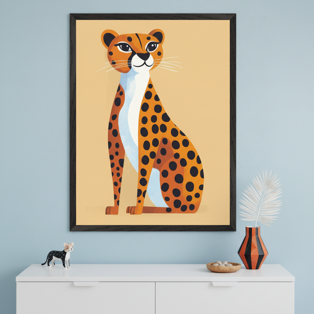 Modern room with light blue walls. A black-framed stylized cheetah art print hangs above a white two-door dresser. A small cheetah figurine, a wooden bowl of pebbles, and an orange-striped vase with a white palm frond sit on the dresser.