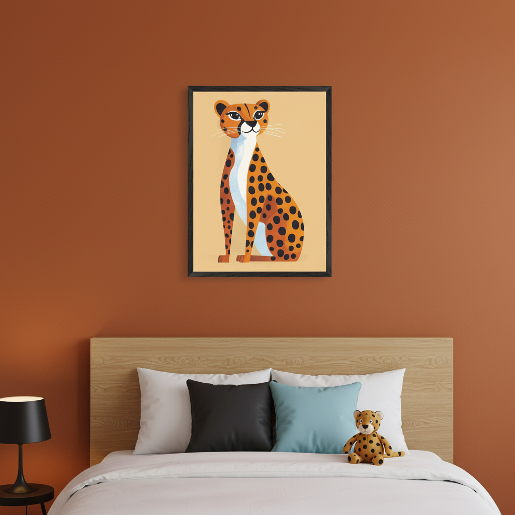 Modern bedroom with rust-colored walls. A framed illustration of a sitting cheetah in a stylized art style hangs above a wooden bed with white bedding and colorful pillows. A cheetah plush toy and a black lamp are also visible.