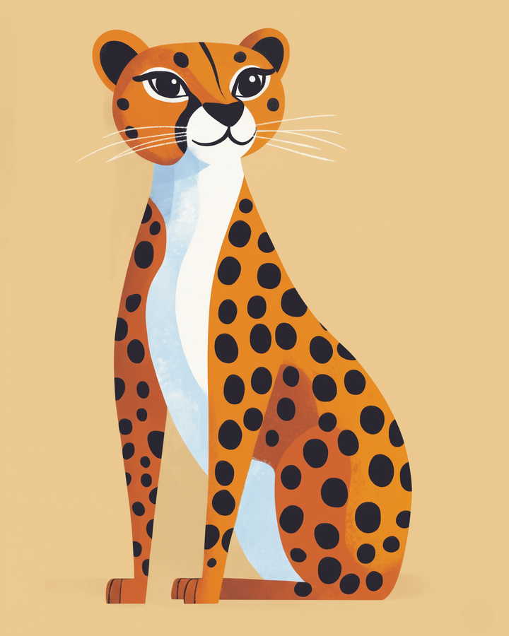 A stylized illustration of a cheetah sitting gracefully, featuring a bright orange coat with bold black spots and a white underbelly, set against a light beige background.